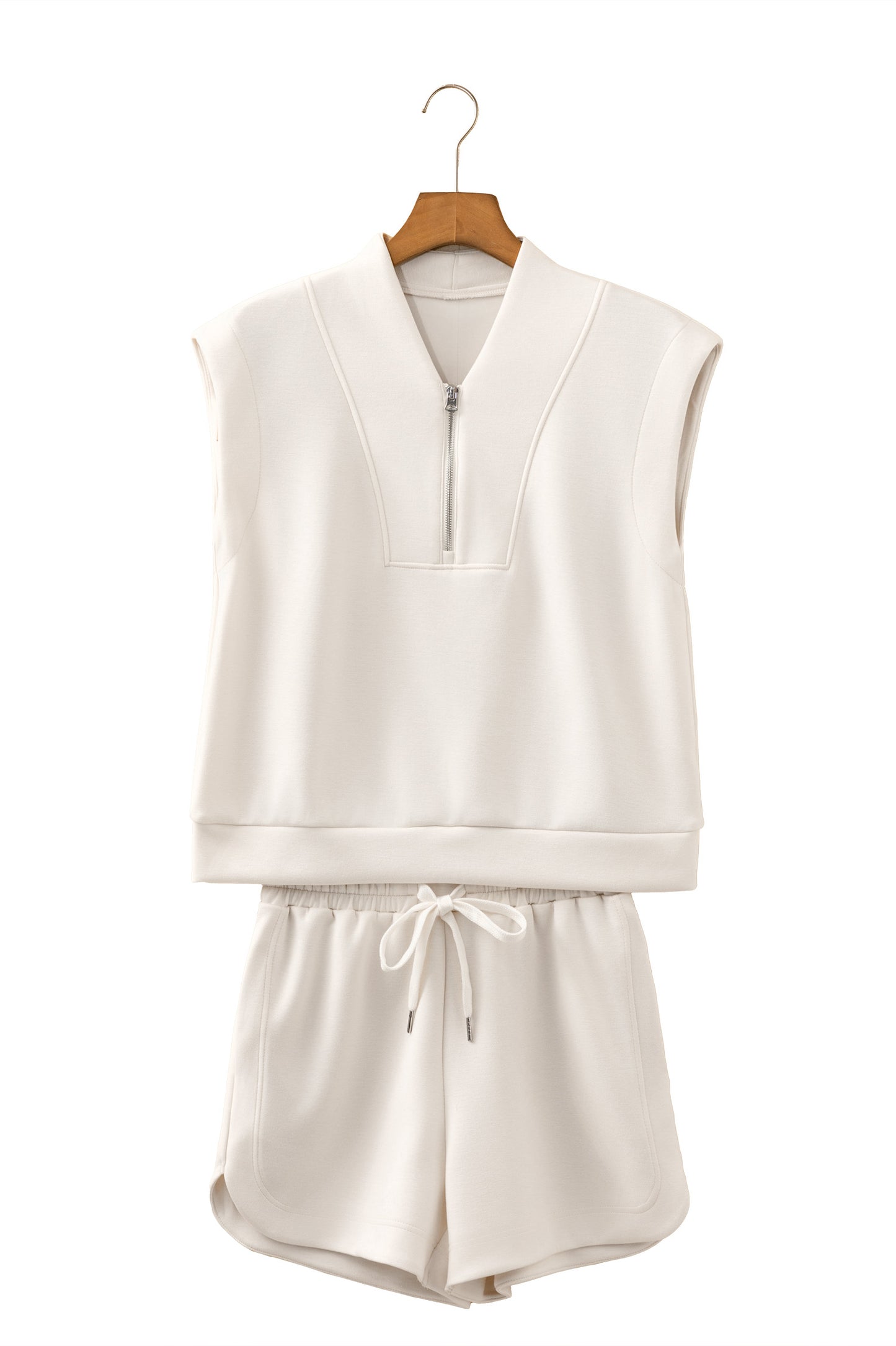 Oatmeal Quarter Zip Sleeveless Top Drawstring Shorts Casual 2pcs Outfit-Two Piece Sets/Short Sets-[Adult]-[Female]-2022 Online Blue Zone Planet