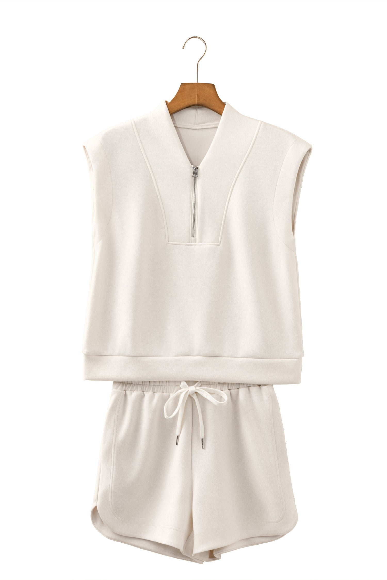 Oatmeal Quarter Zip Sleeveless Top Drawstring Shorts Casual 2pcs Outfit-Two Piece Sets/Short Sets-[Adult]-[Female]-2022 Online Blue Zone Planet