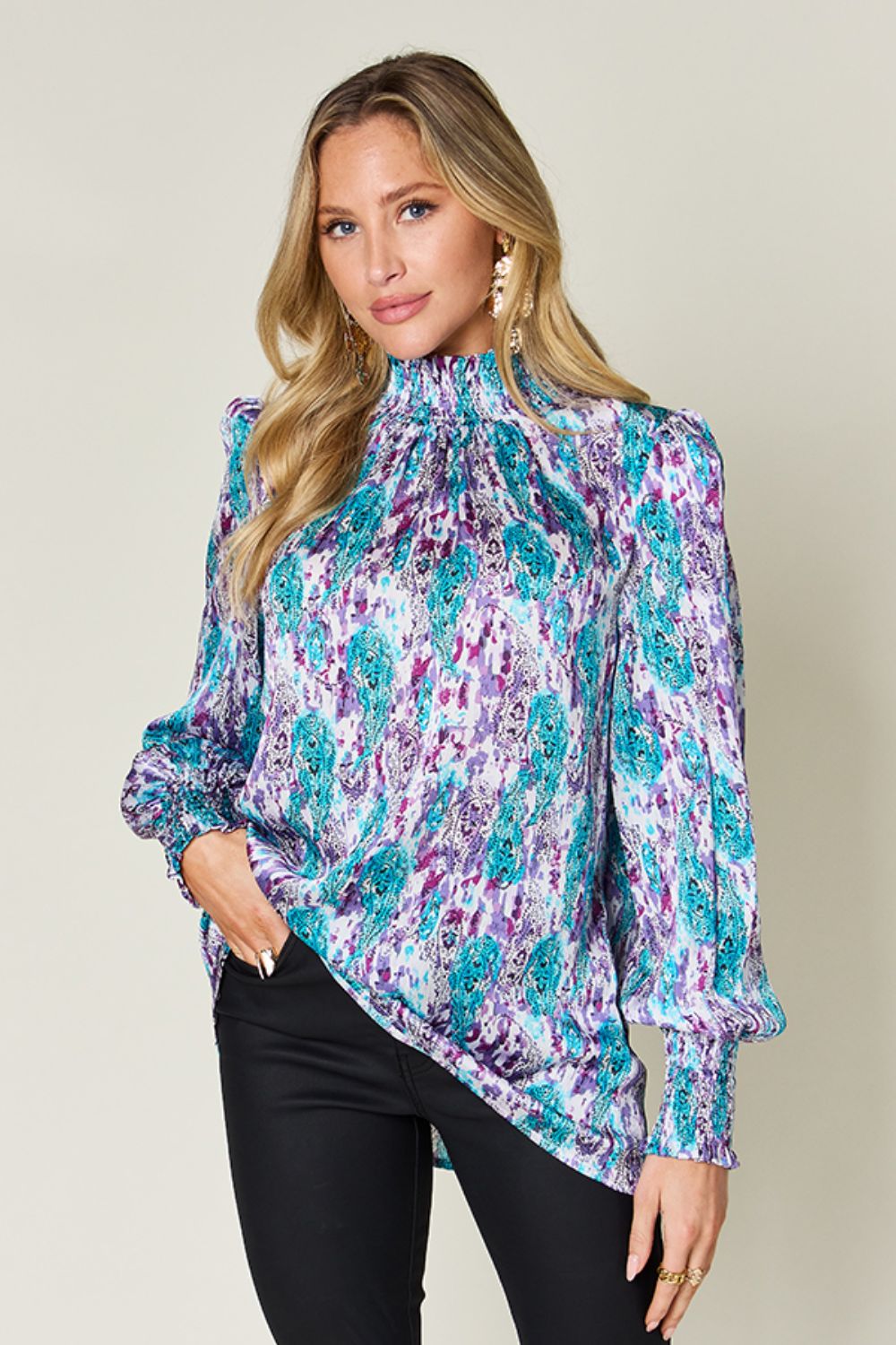 Blue Zone Planet | Double Take Full Size Printed Smocked Long Sleeve Blouse-TOPS / DRESSES-[Adult]-[Female]-2022 Online Blue Zone Planet