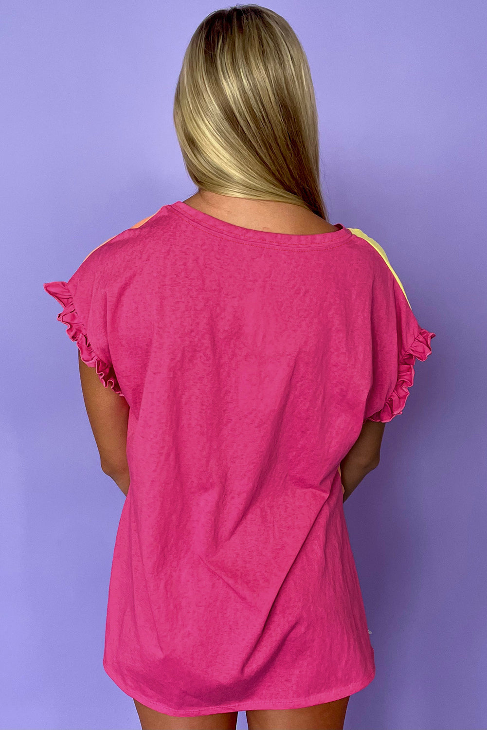 Rose Red Color Block Ruffled Crew Neck Loose Fit T Shirt-Tops/Tops & Tees-[Adult]-[Female]-2022 Online Blue Zone Planet