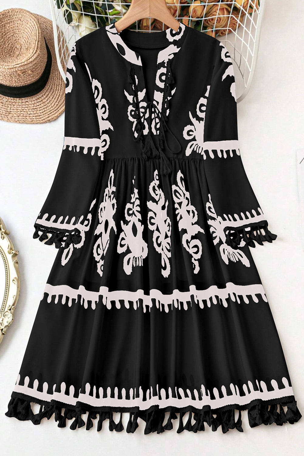 Black Plus Size Western Floral Print Fringed V Neck Dress-Plus Size/Plus Size Dresses/Plus Size Mini Dresses-[Adult]-[Female]-2022 Online Blue Zone Planet