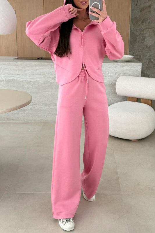 Pink Solid Color Zip Up Hoodie Drawstring Loose Pants Set-Tops / Dresses-[Adult]-[Female]-Pink-S-2022 Online Blue Zone Planet