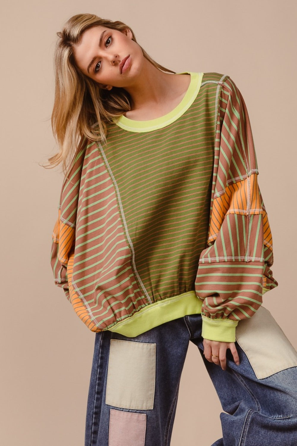 BiBi Color Block Striped Round Neck Sweatshirt-TOPS / DRESSES-[Adult]-[Female]-2022 Online Blue Zone Planet