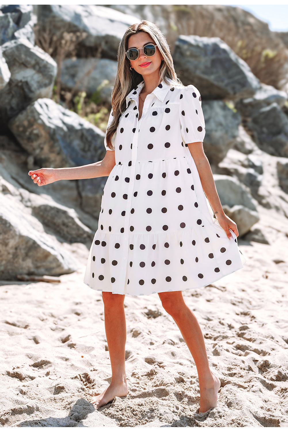 White Polka Dot Print Short Sleeve Collar Buttoned Tiered Babydoll Dress-TOPS / DRESSES-[Adult]-[Female]-2022 Online Blue Zone Planet