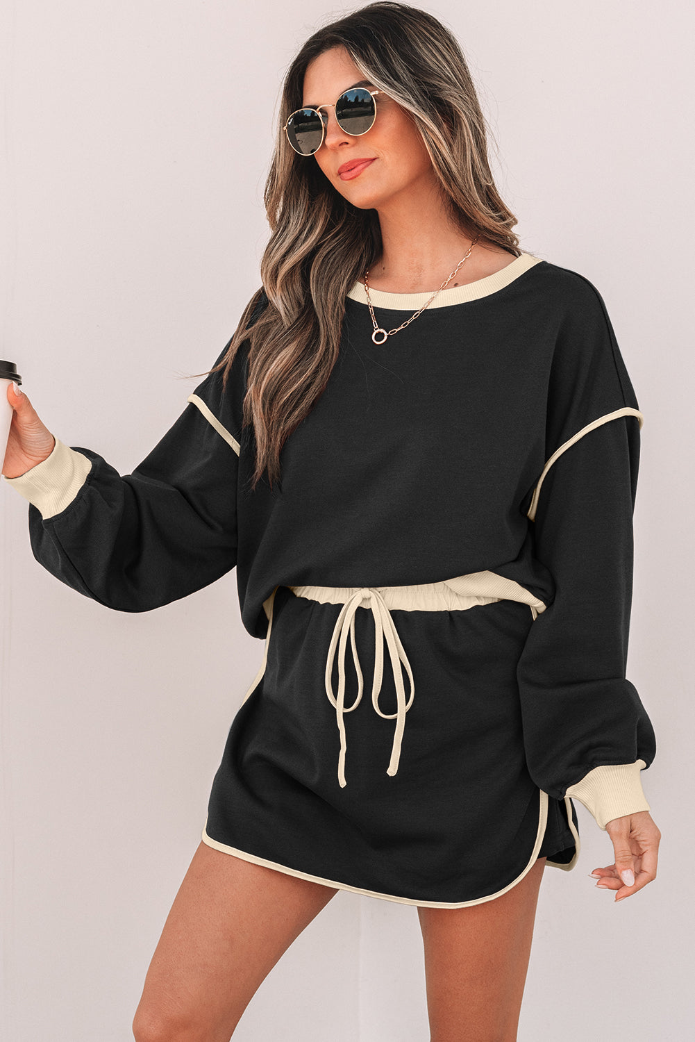 Blue Zone Planet | Black Color Contrast Loose Pullover And Lace-Up Waist Skort Set-Two Piece Sets/Two Piece Dresses-[Adult]-[Female]-2022 Online Blue Zone Planet