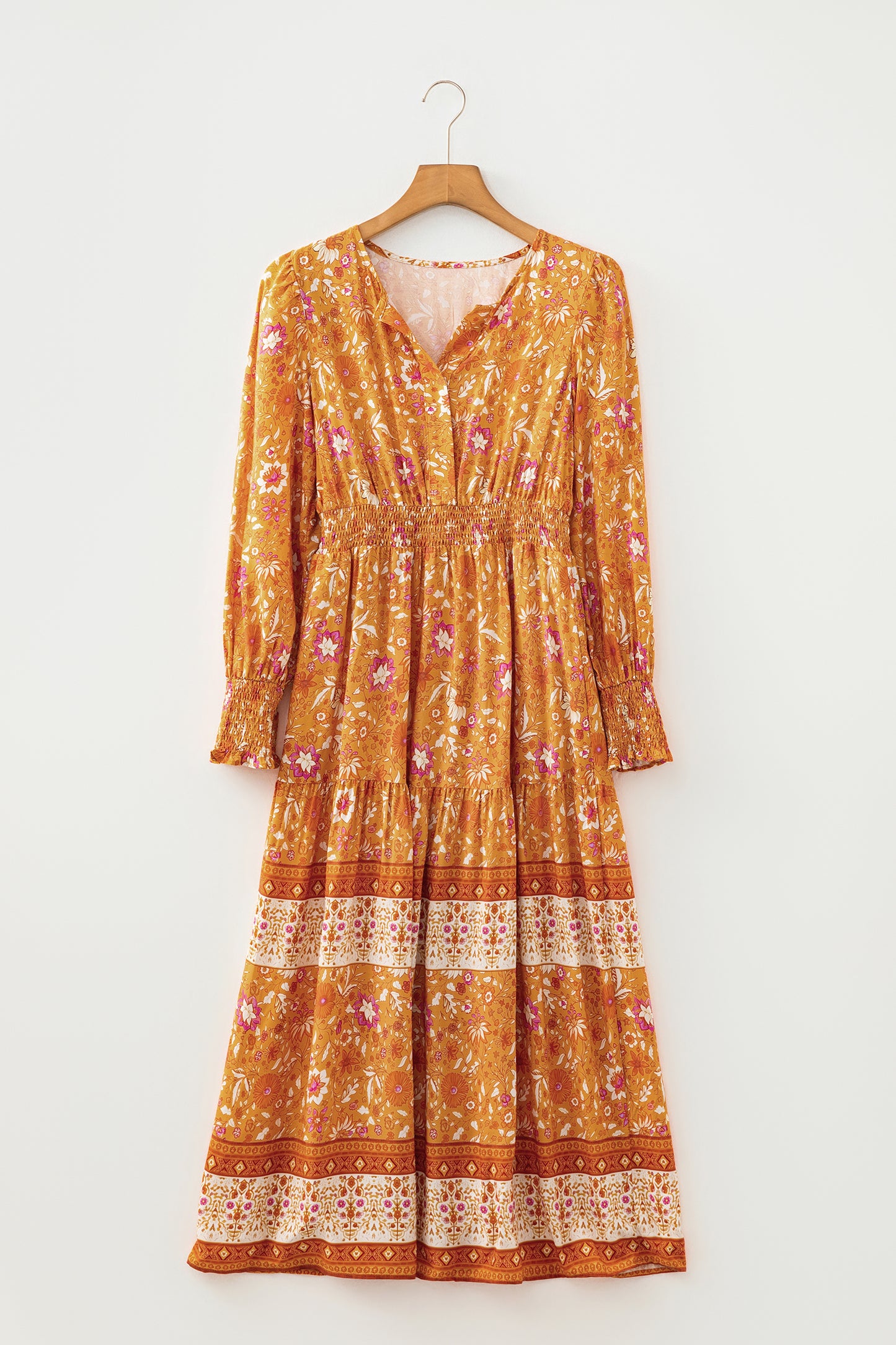 Orange Floral Print Smocked Waist Long Sleeve Boho Maxi Dress-TOPS / DRESSES-[Adult]-[Female]-2022 Online Blue Zone Planet