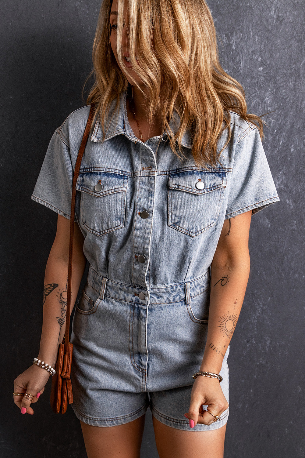 Blue Zone Planet | Collared Neck Short Sleeve Denim Romper-TOPS / DRESSES-[Adult]-[Female]-2022 Online Blue Zone Planet