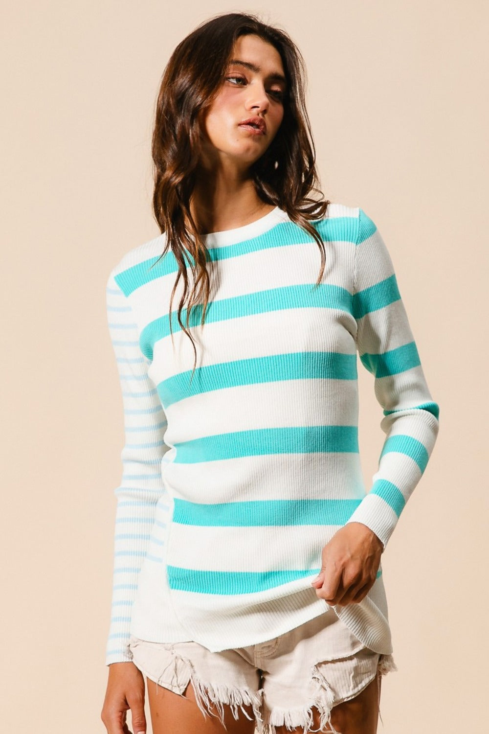 BiBi Contrast Striped Asymmetrical Hem Knit Top-TOPS / DRESSES-[Adult]-[Female]-2022 Online Blue Zone Planet