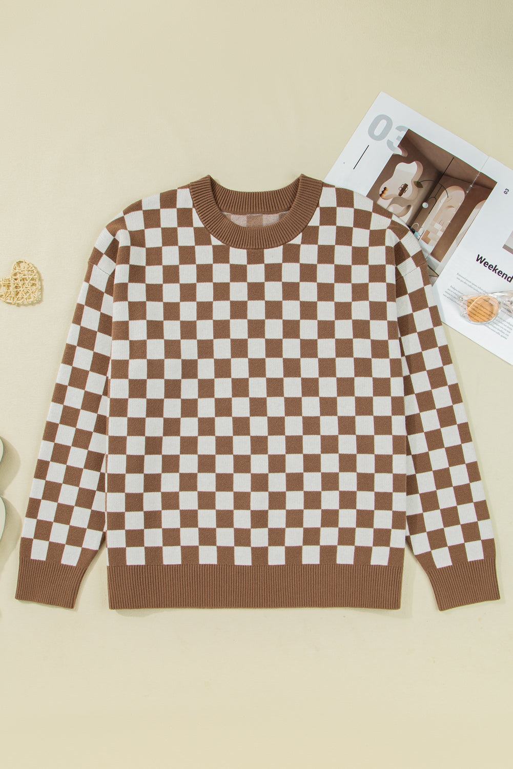 Brown Checkered Contrast Edge Crewneck Plus Size Sweater-TOPS / DRESSES-[Adult]-[Female]-2022 Online Blue Zone Planet