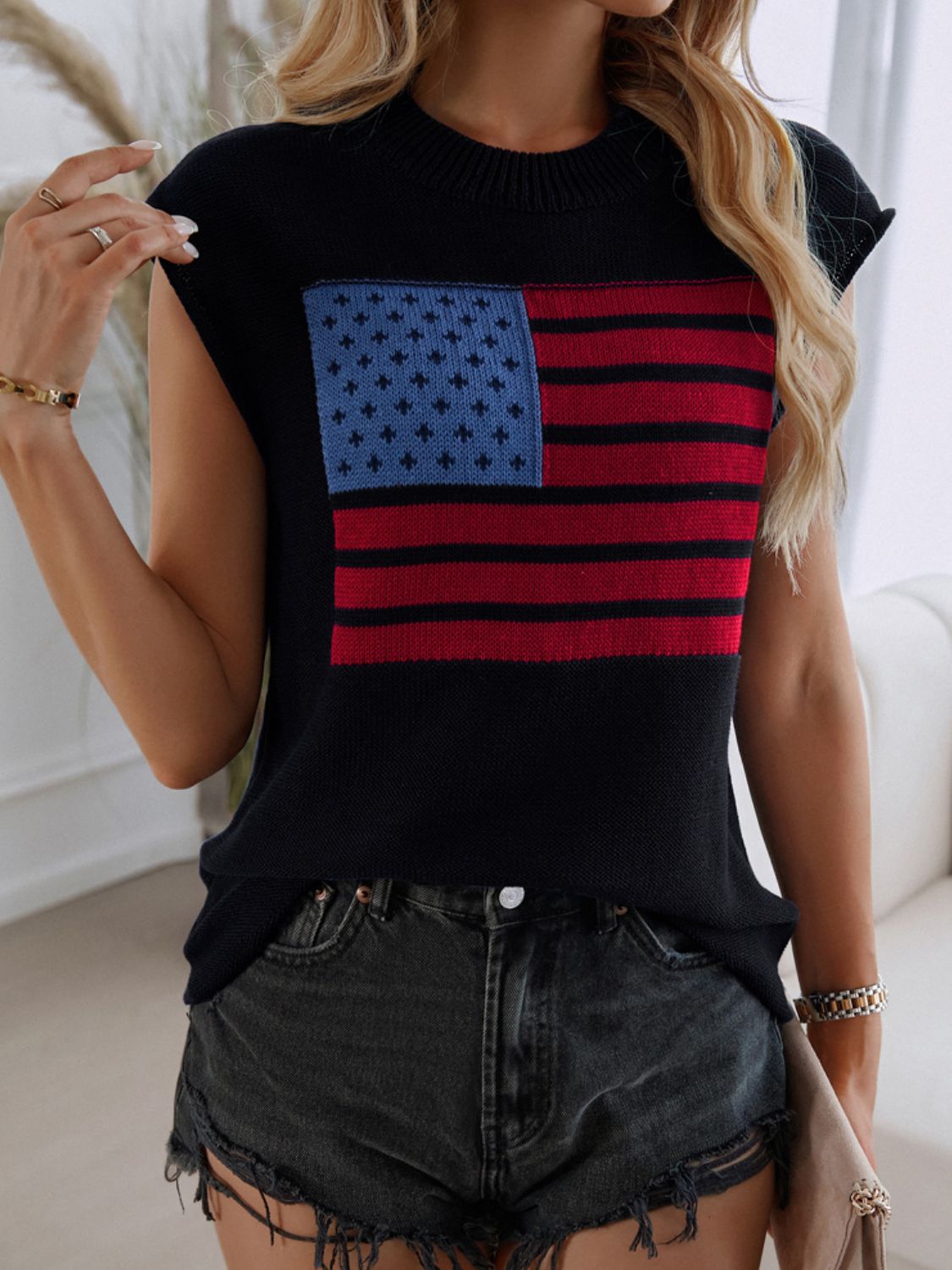 Blue Zone Planet | Devine US Flag Round Neck Sweater Vest-TOPS / DRESSES-[Adult]-[Female]-Black-S-2022 Online Blue Zone Planet