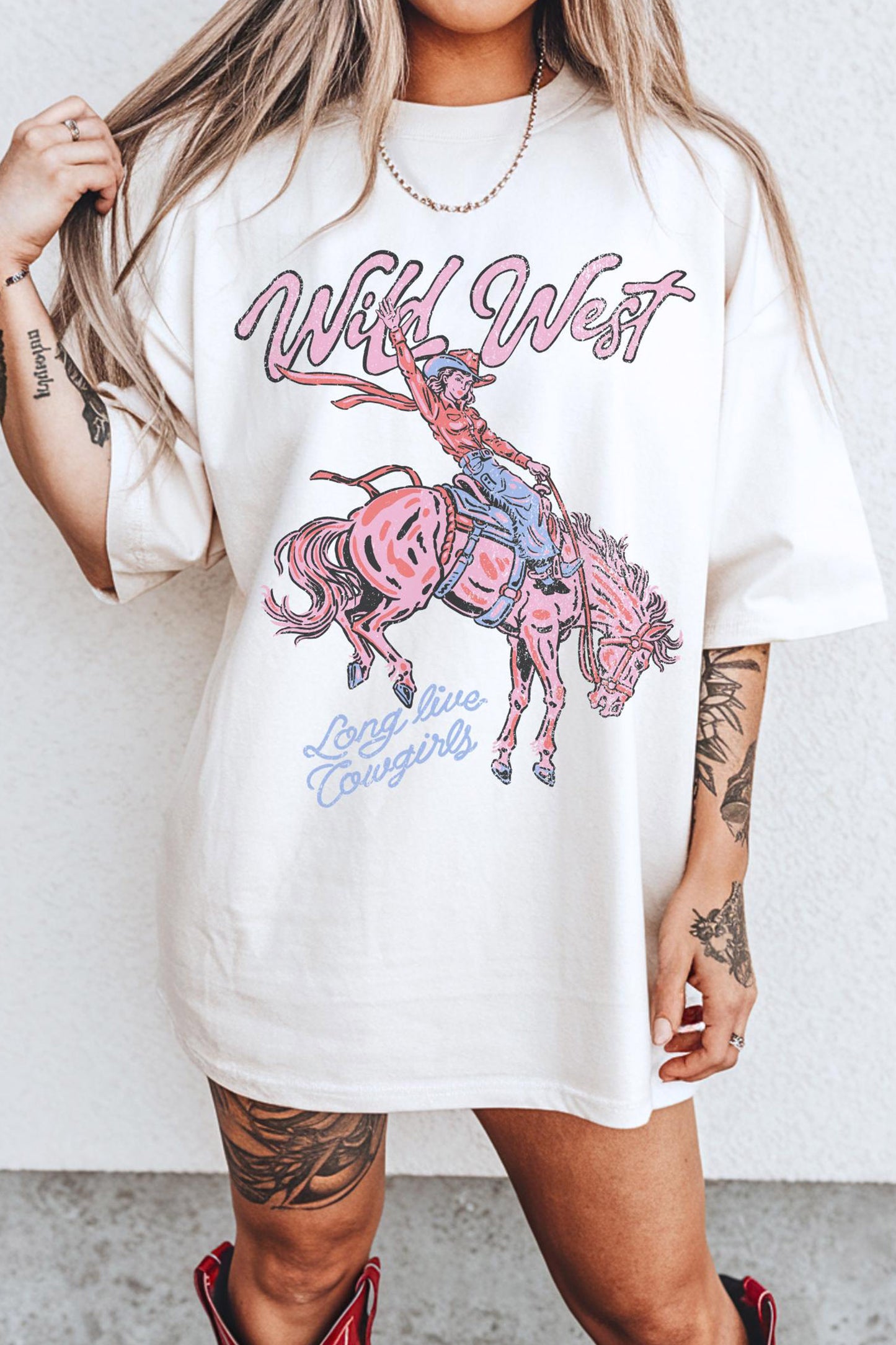 White Wild West Cowgirl Rodeo Graphic Tunic Tee-Graphic/Graphic Tees-[Adult]-[Female]-White-S-2022 Online Blue Zone Planet