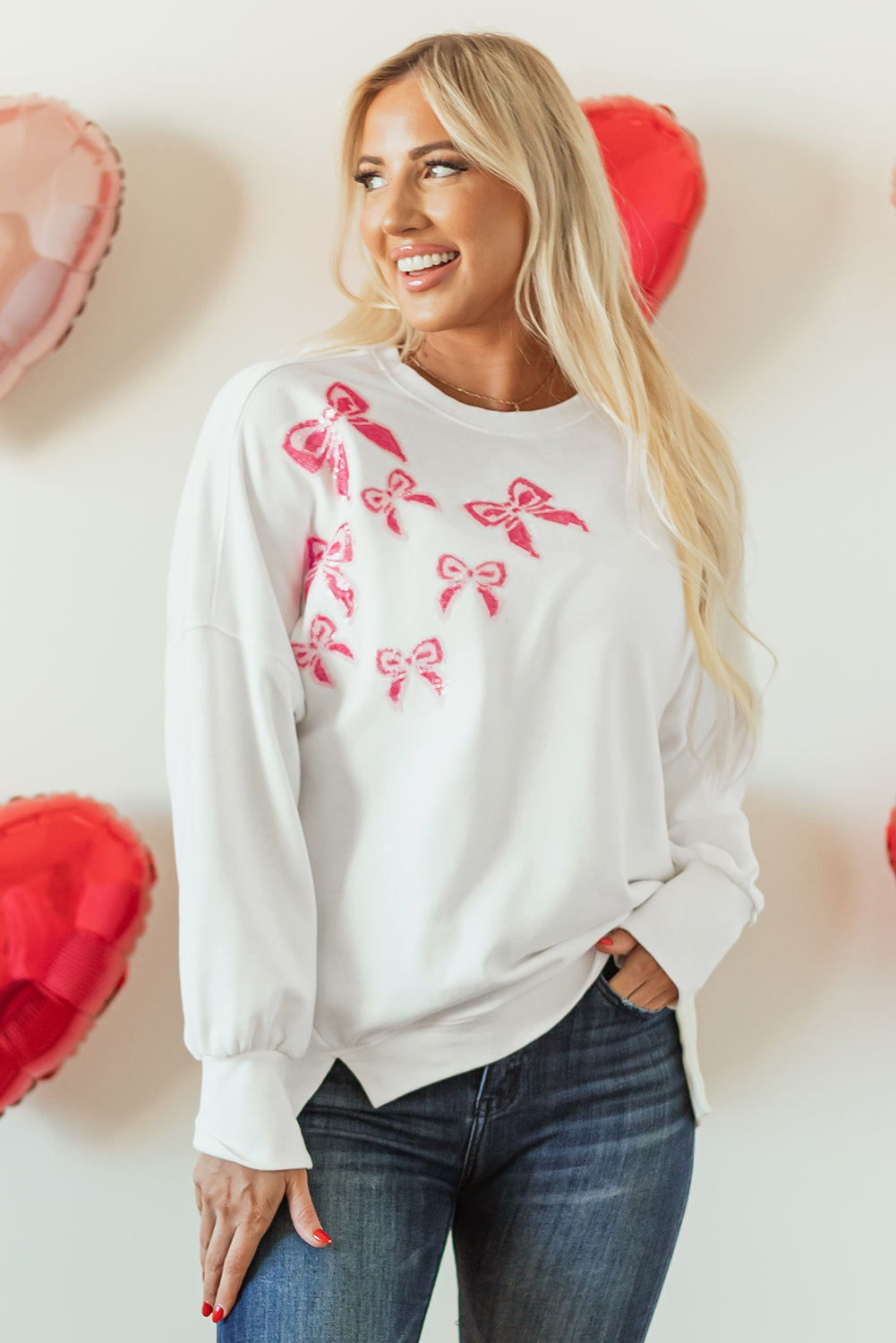 White Sequin Bowknot High Low Oversize Sweatshirt-Tops/Sweatshirts & Hoodies-[Adult]-[Female]-2022 Online Blue Zone Planet