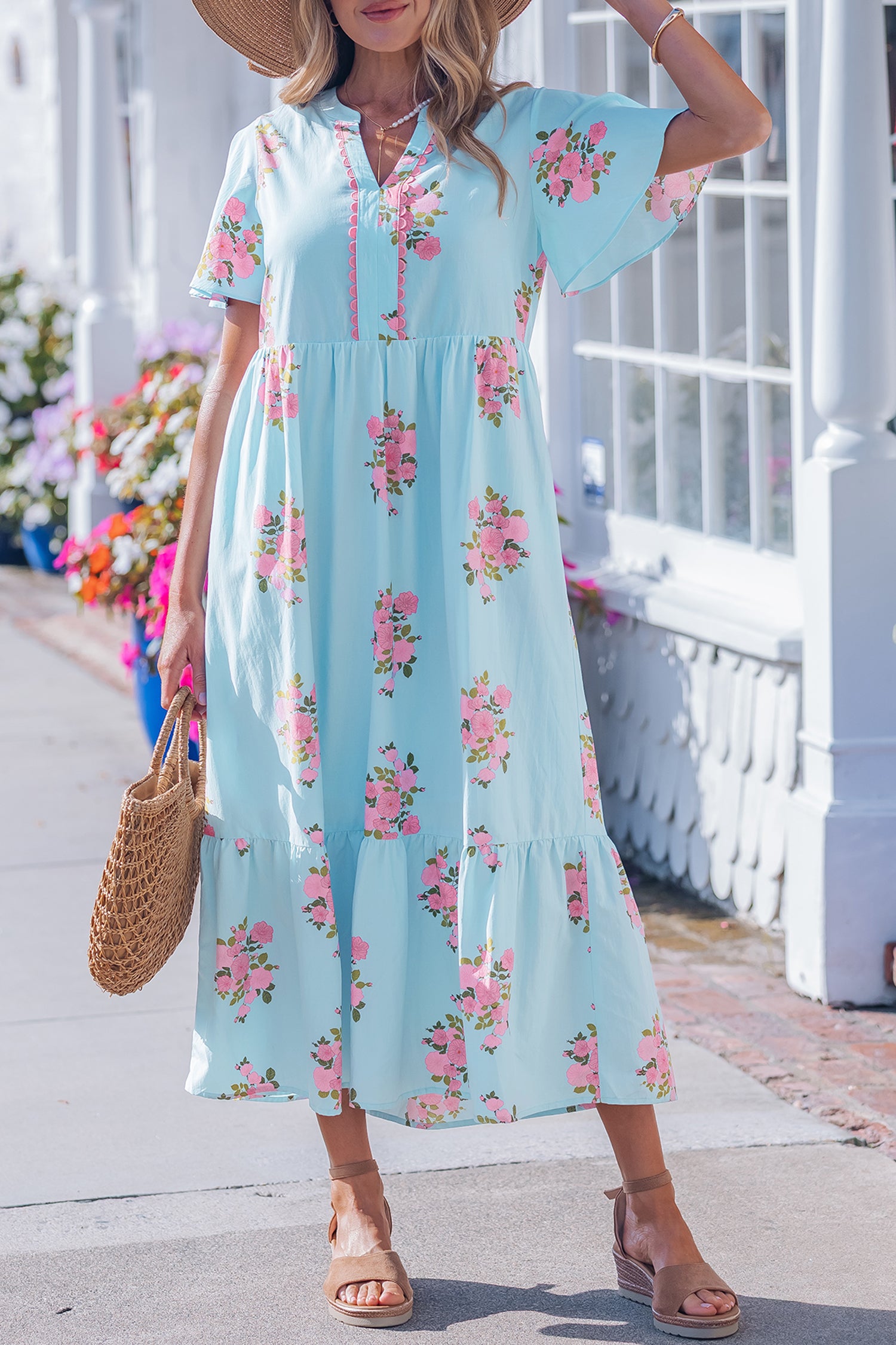 Sky Blue Notched Neck Flutter Short Sleeve Floral Print Maxi Dress-TOPS / DRESSES-[Adult]-[Female]-2022 Online Blue Zone Planet