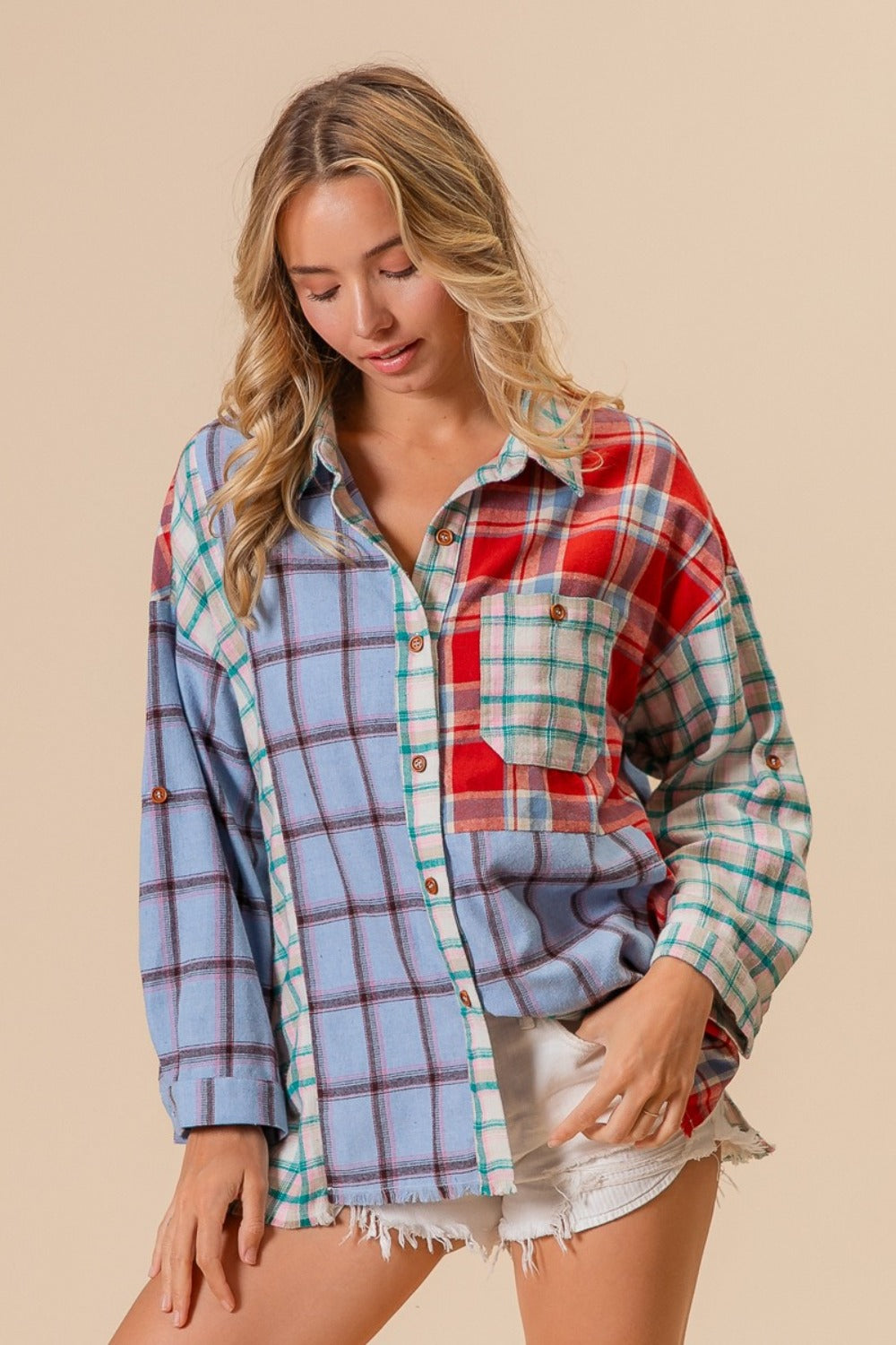 BiBi Color Block Plaid Button Down Shirt-TOPS / DRESSES-[Adult]-[Female]-2022 Online Blue Zone Planet