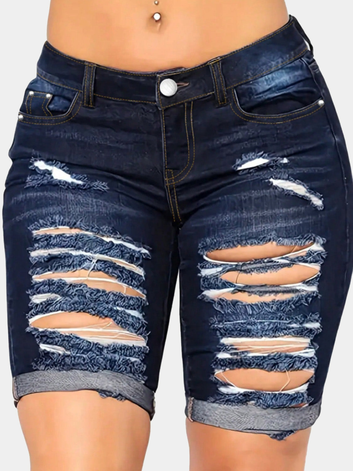 Distressed Denim Shorts with Pockets-BOTTOMS SIZES SMALL MEDIUM LARGE-[Adult]-[Female]-Navy-S-2022 Online Blue Zone Planet