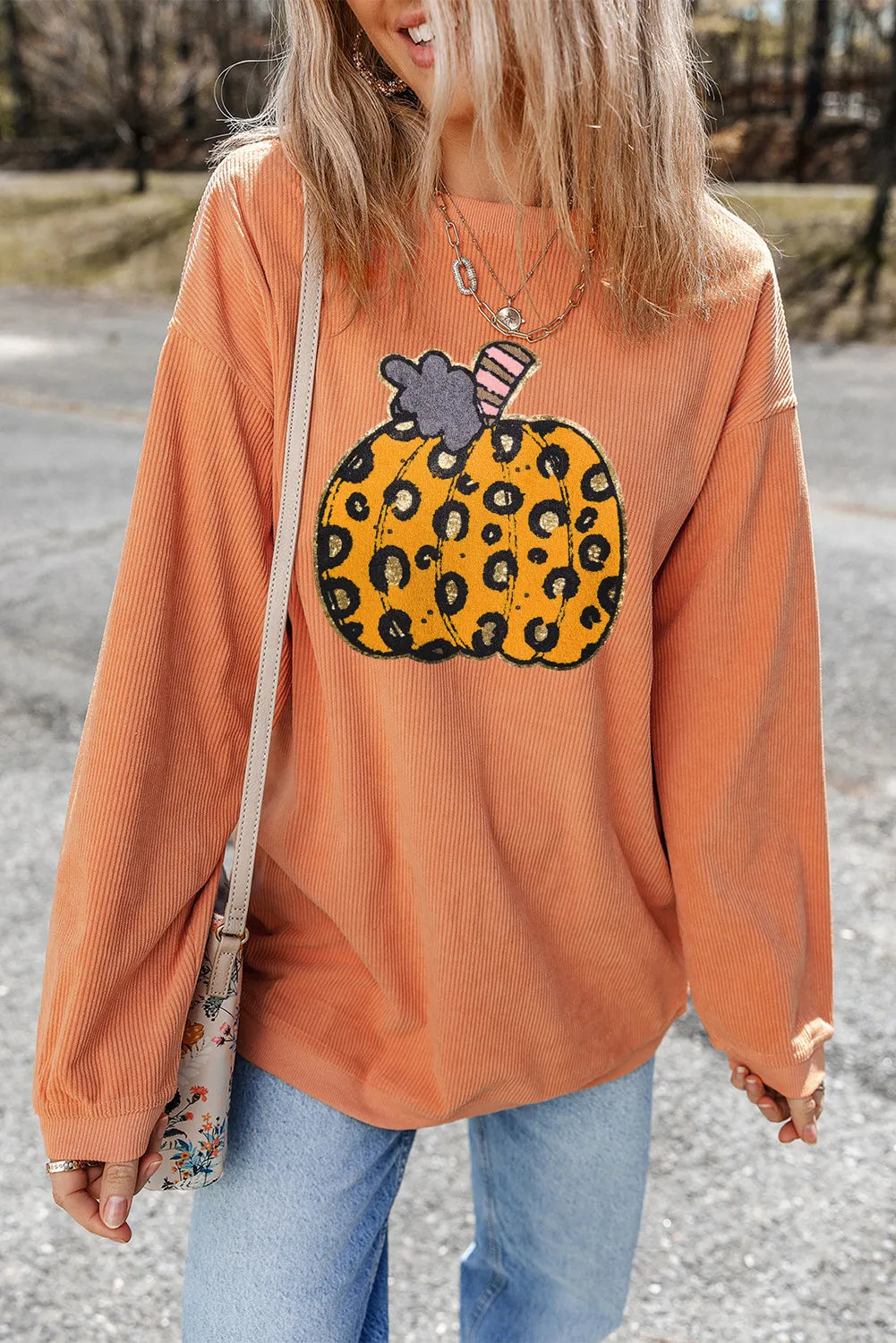 Blue Zone Planet | Pumpkin Round Neck Long Sleeve Sweatshirt-TOPS / DRESSES-[Adult]-[Female]-2022 Online Blue Zone Planet