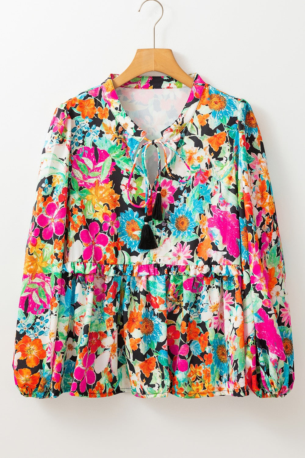 Floral Tie Neck Balloon Sleeve Blouse-TOPS / DRESSES-[Adult]-[Female]-2022 Online Blue Zone Planet