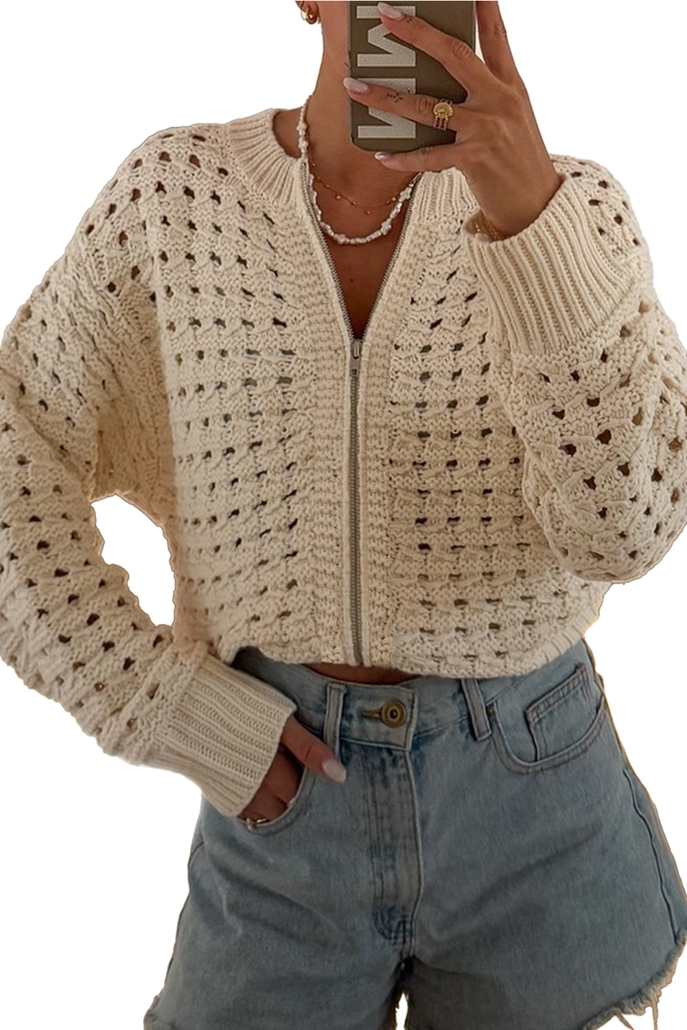 Beige Hollowed Pattern Knit Zip Up Drop Shoulder Sweater Cardigan-TOPS / DRESSES-[Adult]-[Female]-2022 Online Blue Zone Planet