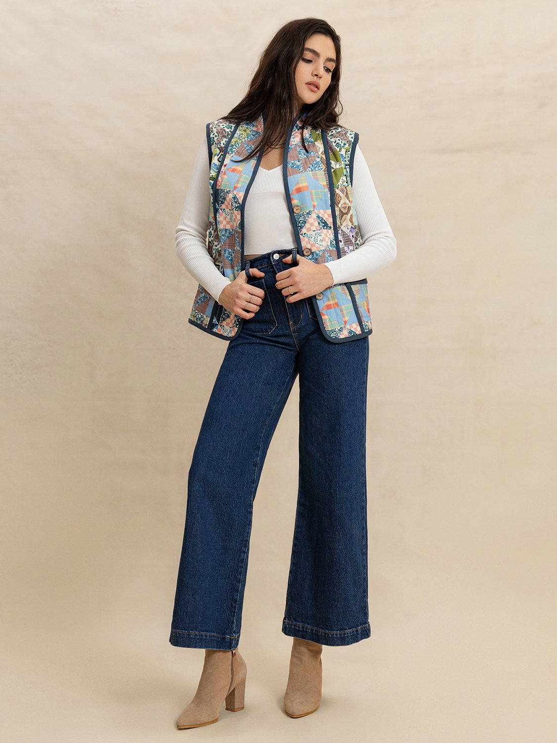 Printed Patchwork Contrast Piping Vest-TOPS / DRESSES-[Adult]-[Female]-2022 Online Blue Zone Planet