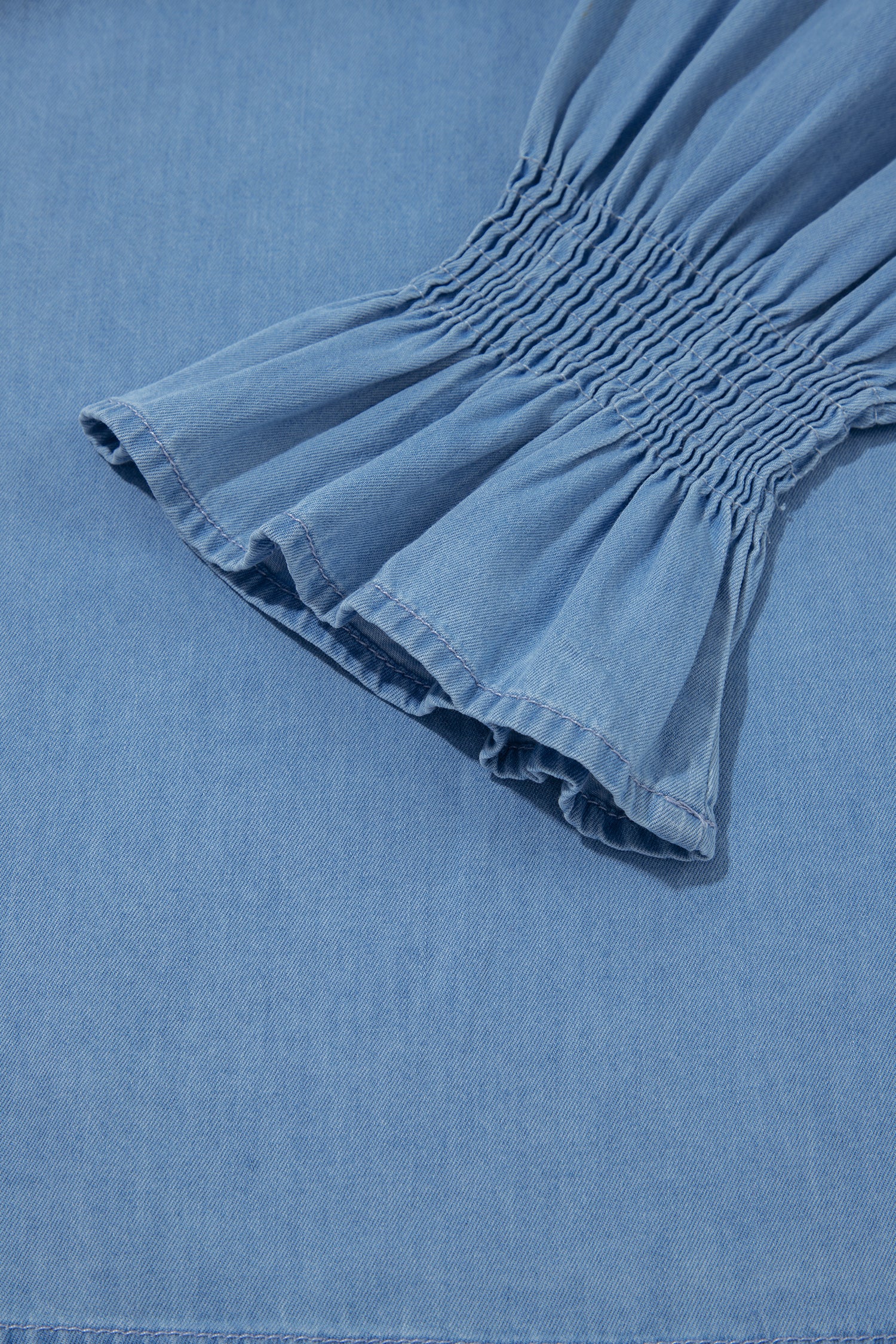 Beau Blue Western Ruffle V Neck Long Sleeve Chambray Blouse-Tops/Blouses & Shirts-[Adult]-[Female]-2022 Online Blue Zone Planet