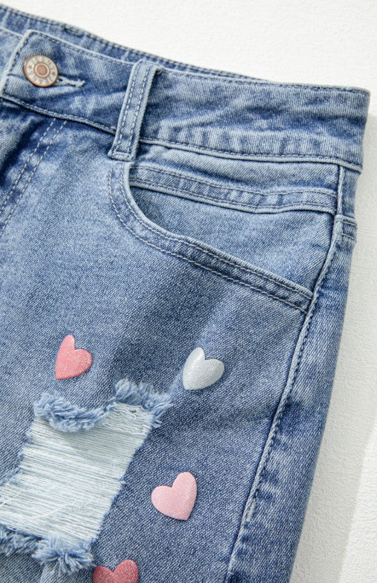 Distressed Raw Hem Heart Denim Skirt-BOTTOMS SIZES SMALL MEDIUM LARGE-[Adult]-[Female]-2022 Online Blue Zone Planet