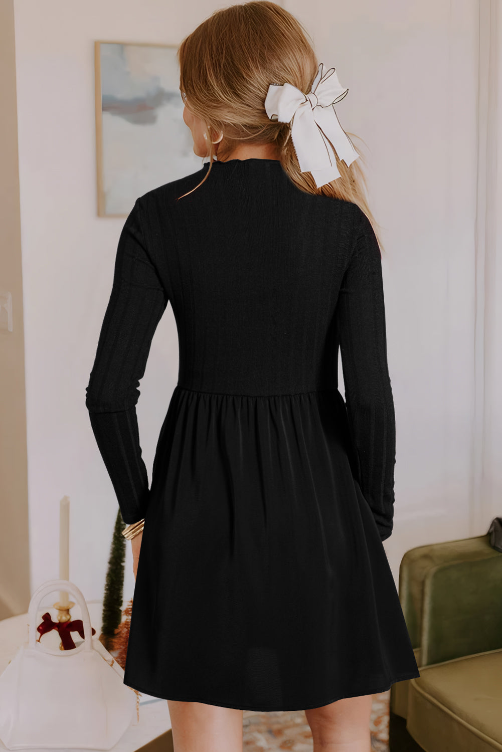 Black Frilled Neck Ribbed Knit Patchwork Long Sleeve Mini Dress-TOPS / DRESSES-[Adult]-[Female]-2022 Online Blue Zone Planet