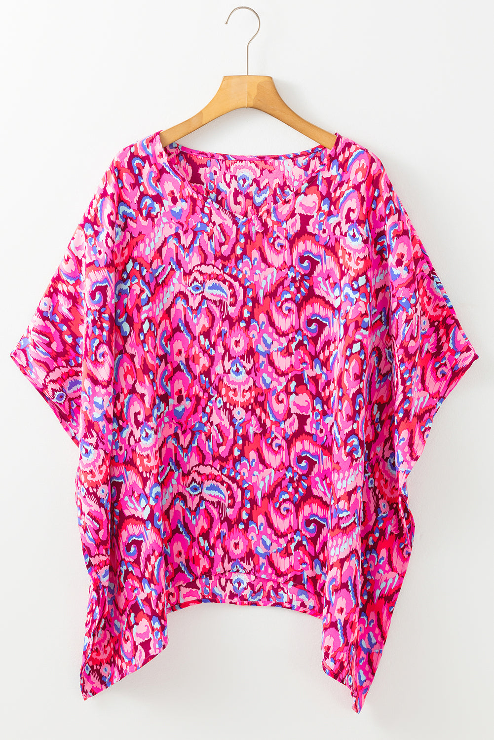 Pink Abstract Print V Neck Half Sleeve Loose Fit Tunic Blouse-Tops/Blouses & Shirts-[Adult]-[Female]-2022 Online Blue Zone Planet