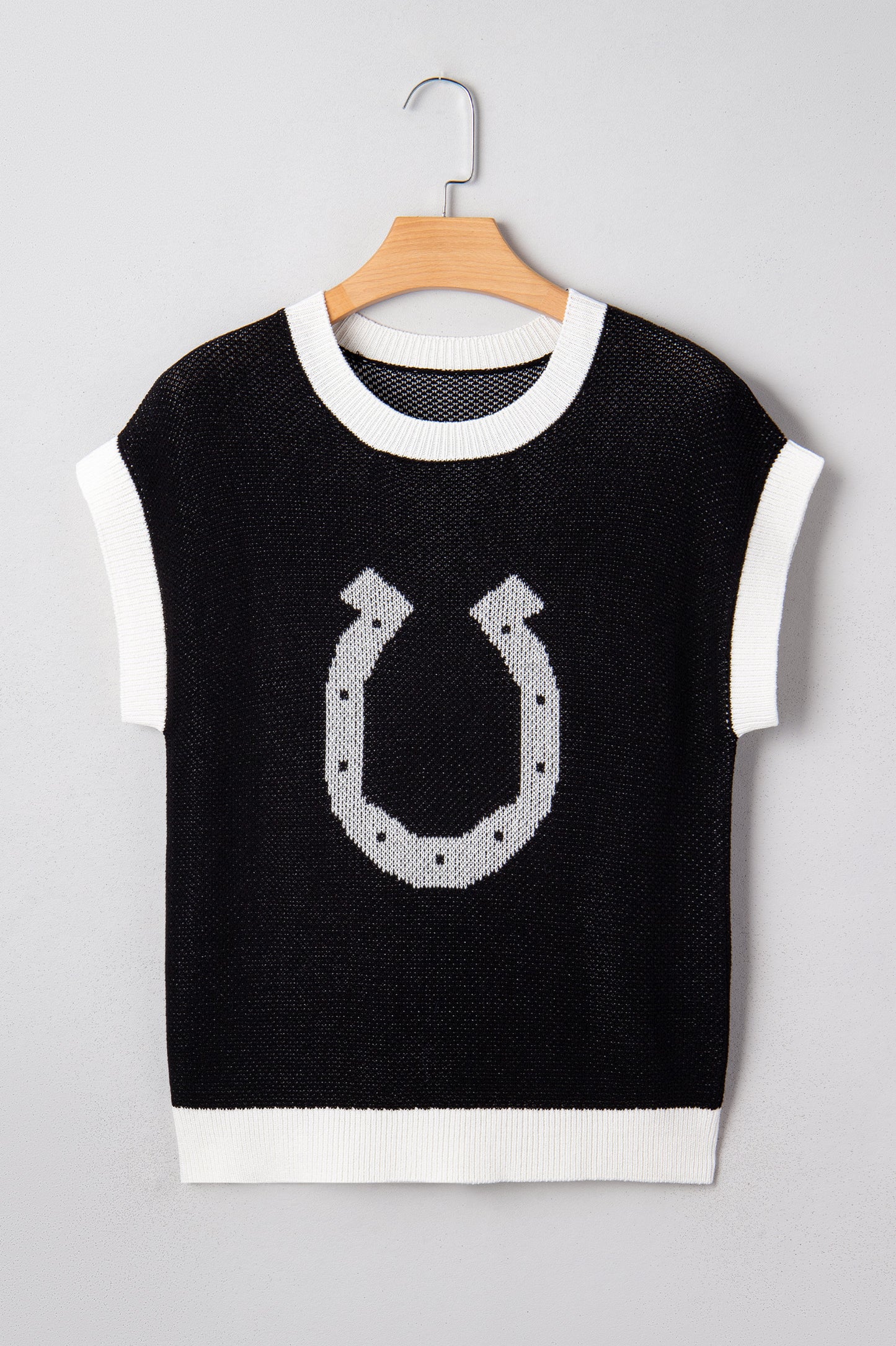 Black Horse Shoe Pattern Contrast Trim Short Sleeve Sweater-Sweaters & Cardigans/Short Sleeve Sweaters-[Adult]-[Female]-2022 Online Blue Zone Planet