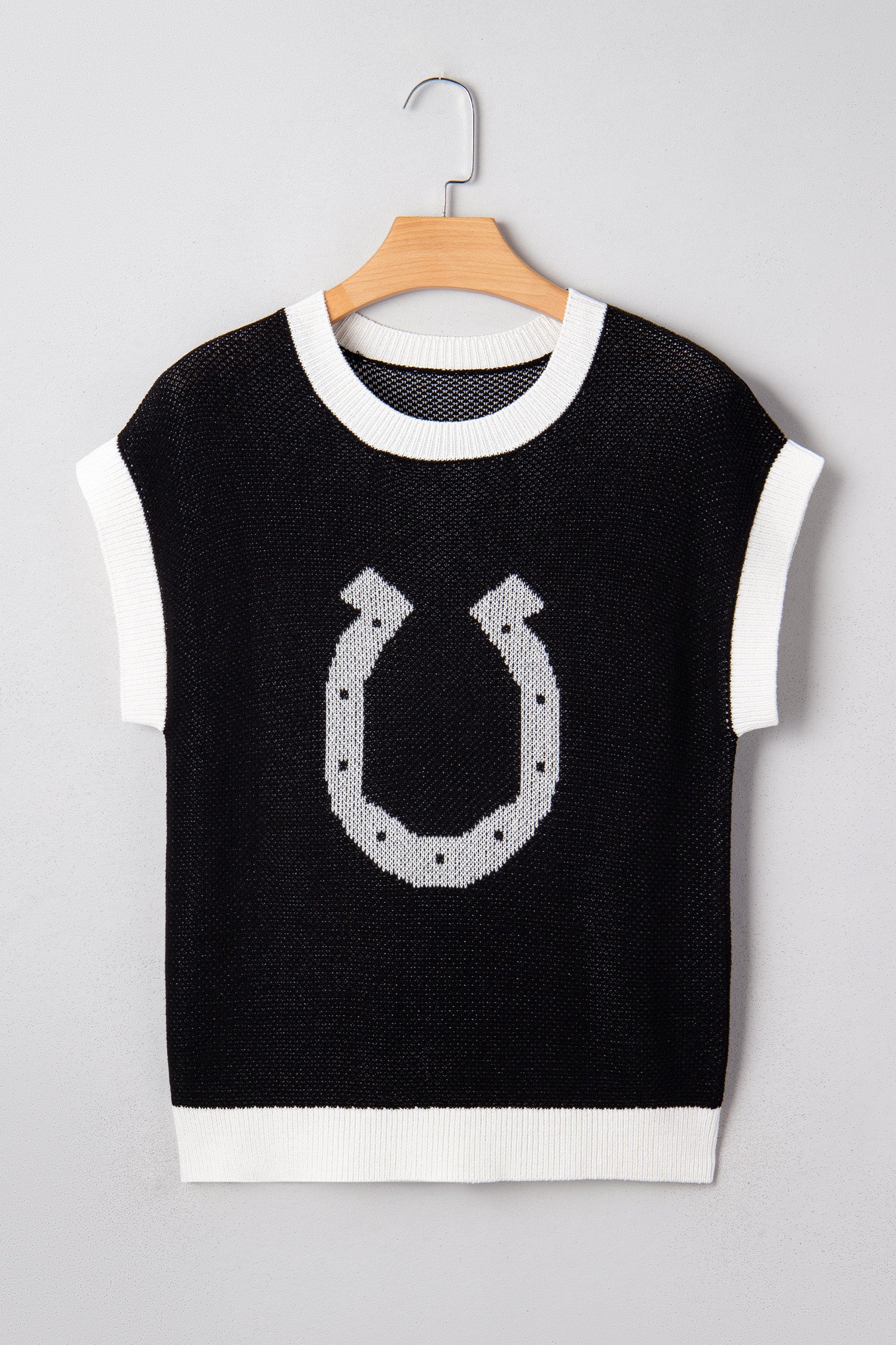 Black Horse Shoe Pattern Contrast Trim Short Sleeve Sweater-Sweaters & Cardigans/Short Sleeve Sweaters-[Adult]-[Female]-2022 Online Blue Zone Planet