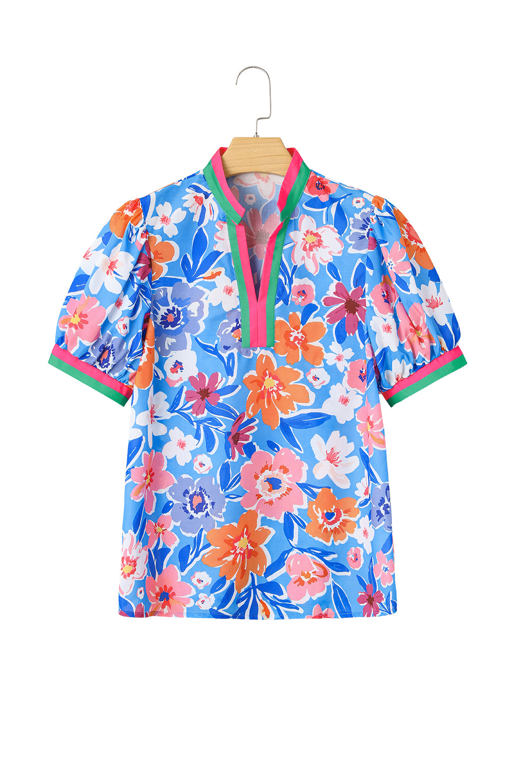 Sky Blue Floral Colorblock Edge Puff Sleeve Split Neck Blouse-Tops/Blouses & Shirts-[Adult]-[Female]-2022 Online Blue Zone Planet