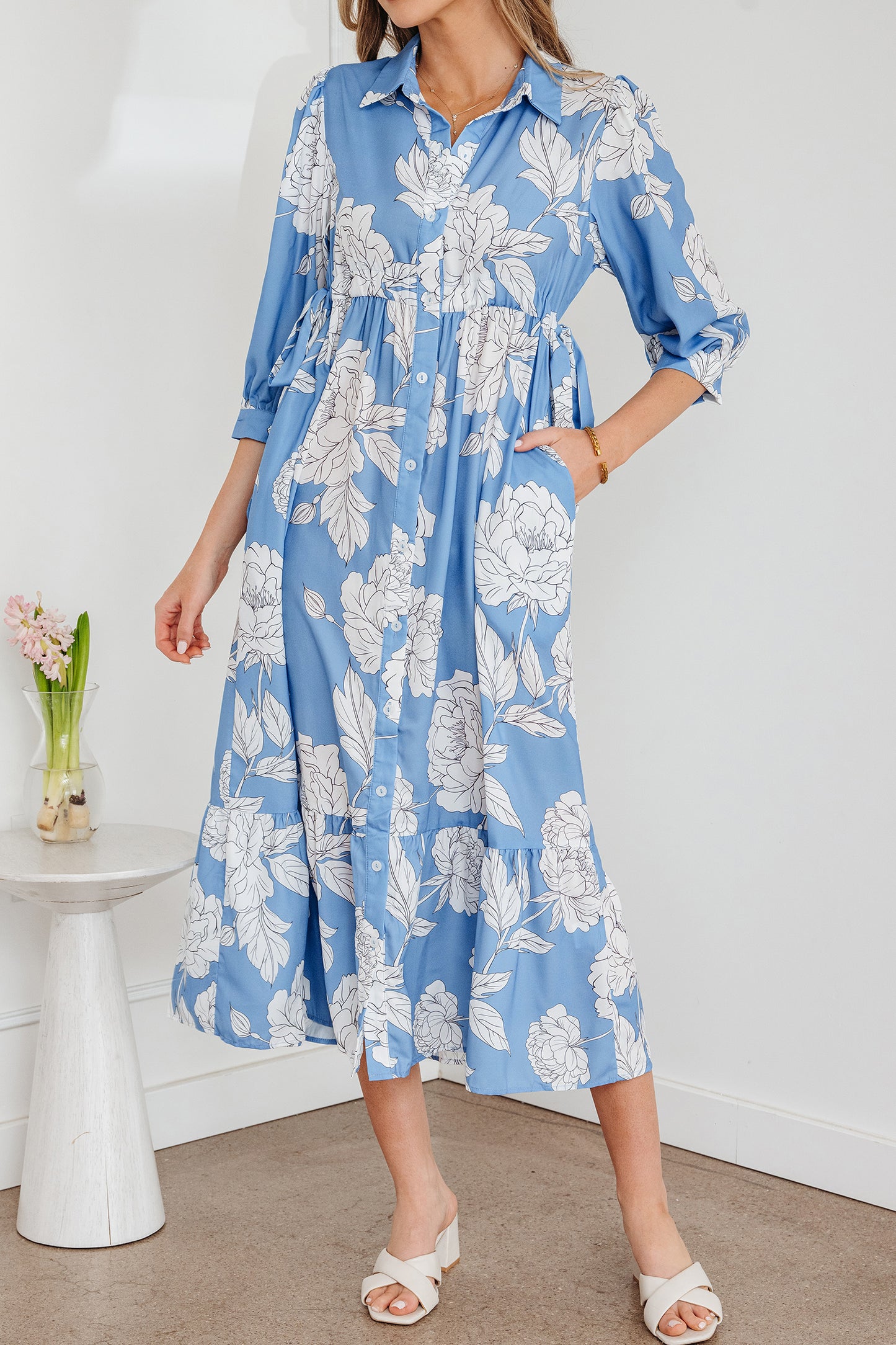 Sky Blue Floral Print Shirt Collar Button Down 3/4 Sleeve Ruffle Hem Long Dress-TOPS / DRESSES-[Adult]-[Female]-2022 Online Blue Zone Planet