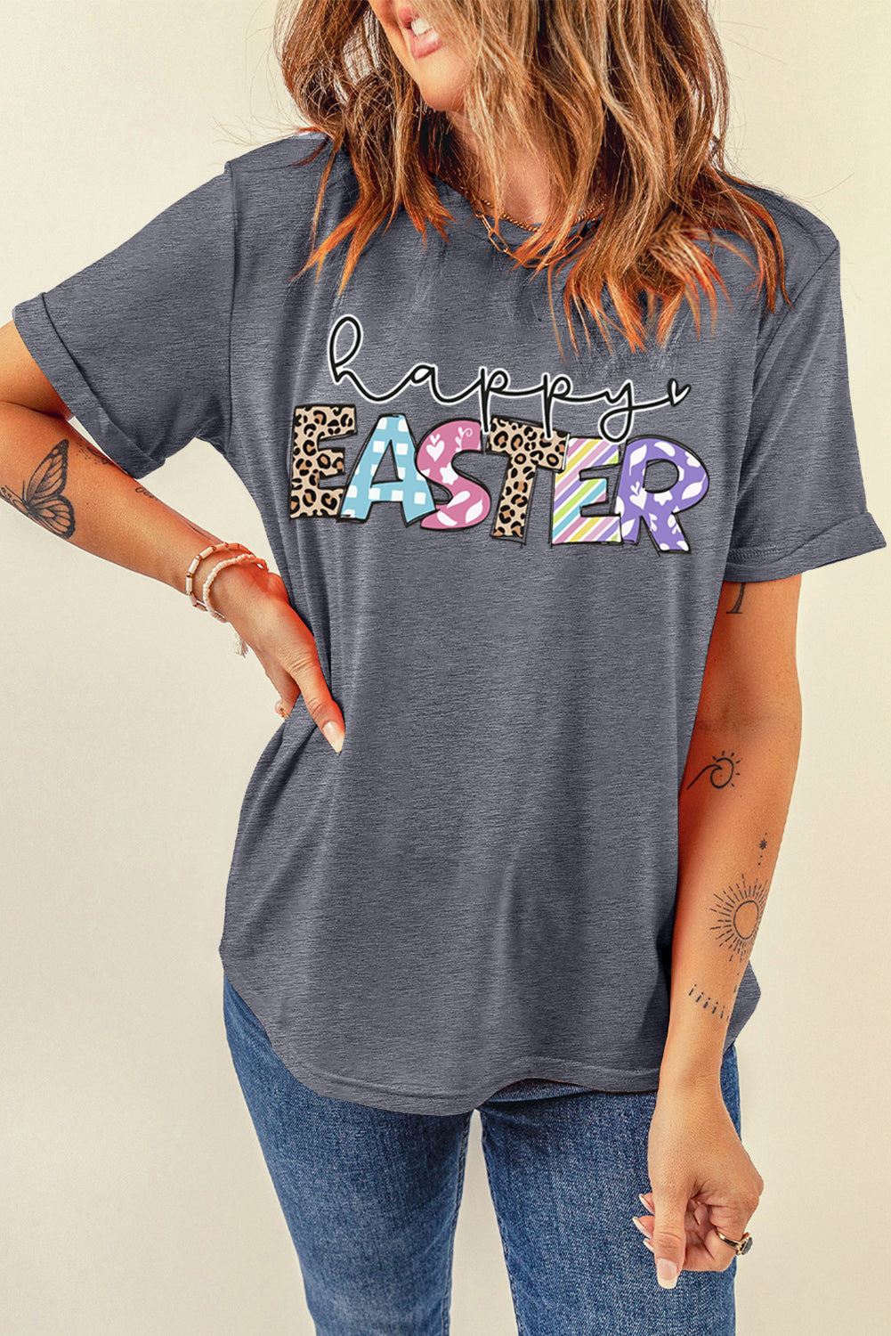 Gray Happy Easter Lettering Graphic Crewneck Tee