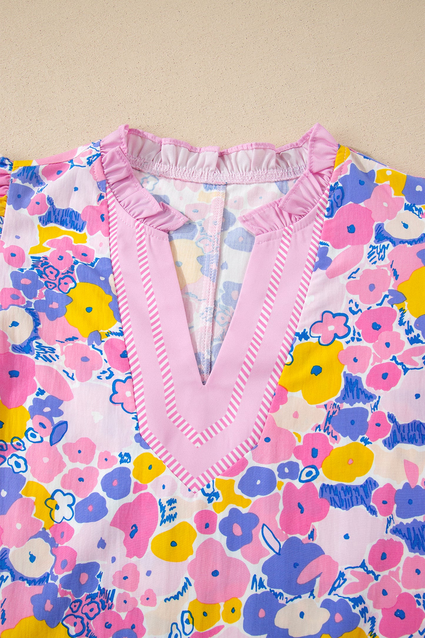 Pink Playful Floral Print Striped Color Block Patchwork V Neck Flutter Sleeve Blouse-Tops/Blouses & Shirts-[Adult]-[Female]-2022 Online Blue Zone Planet