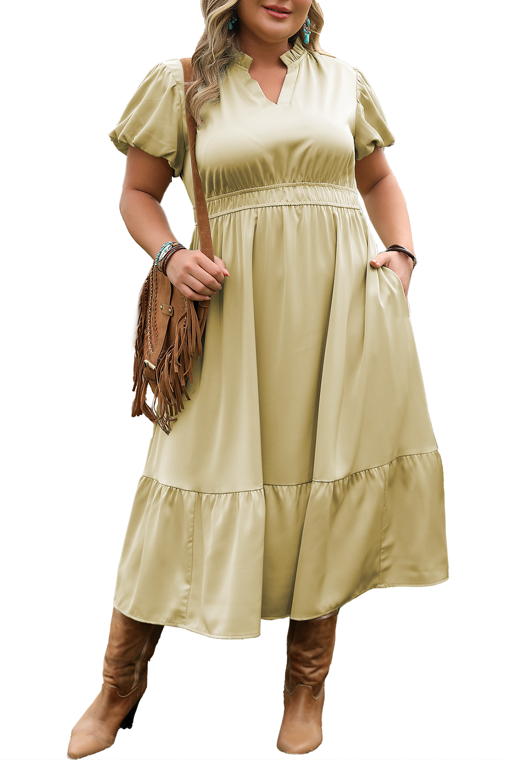 Laurel Green Notched V Neck Puff Sleeve Tiered Plus Size Maxi Dress-TOPS / DRESSES-[Adult]-[Female]-2022 Online Blue Zone Planet