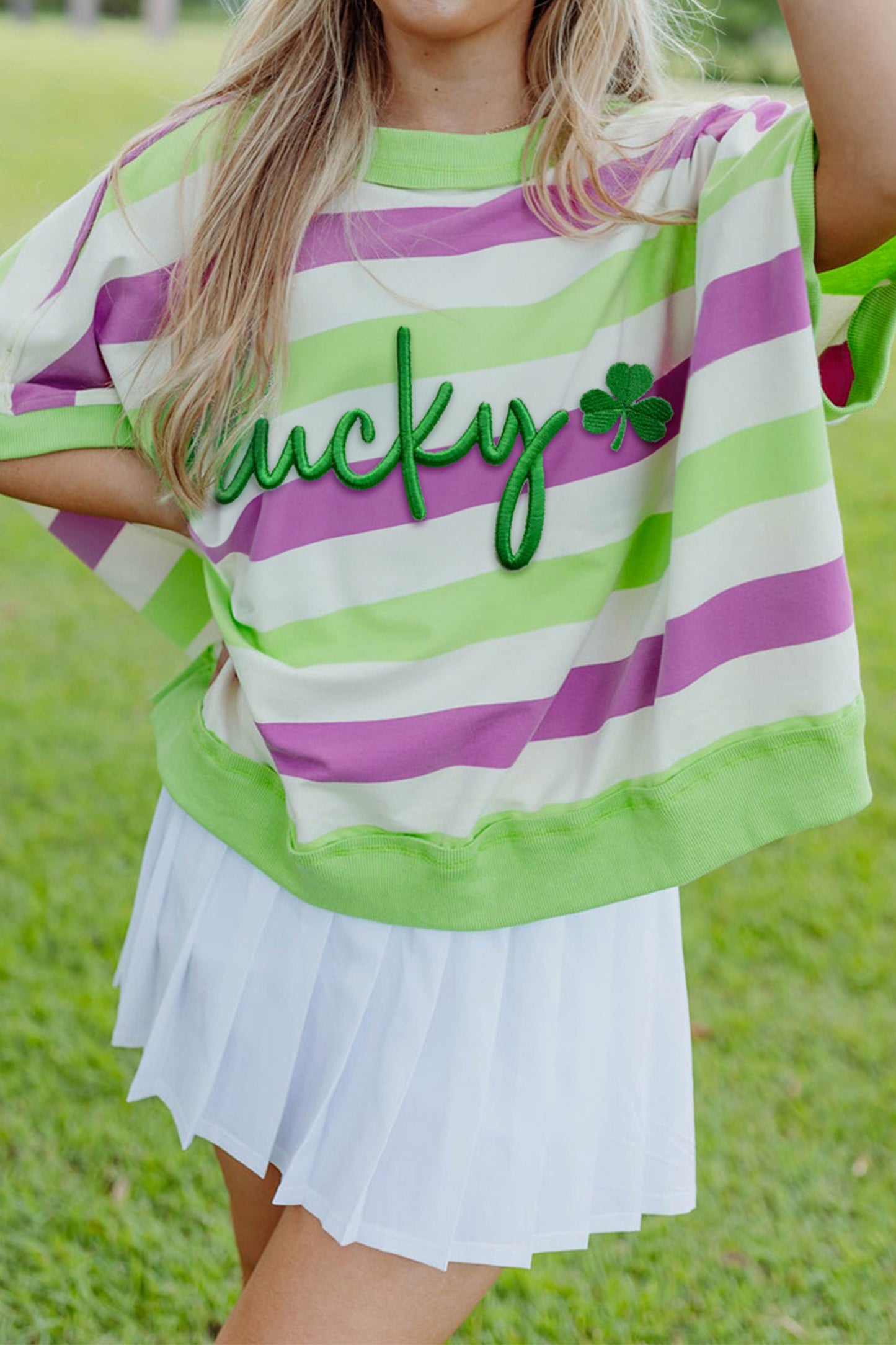 Green Stripe Lucky Clover Embroidered Graphic Dolman Loose Tee-Tops/Tops & Tees-[Adult]-[Female]-Green Stripe-S-2022 Online Blue Zone Planet