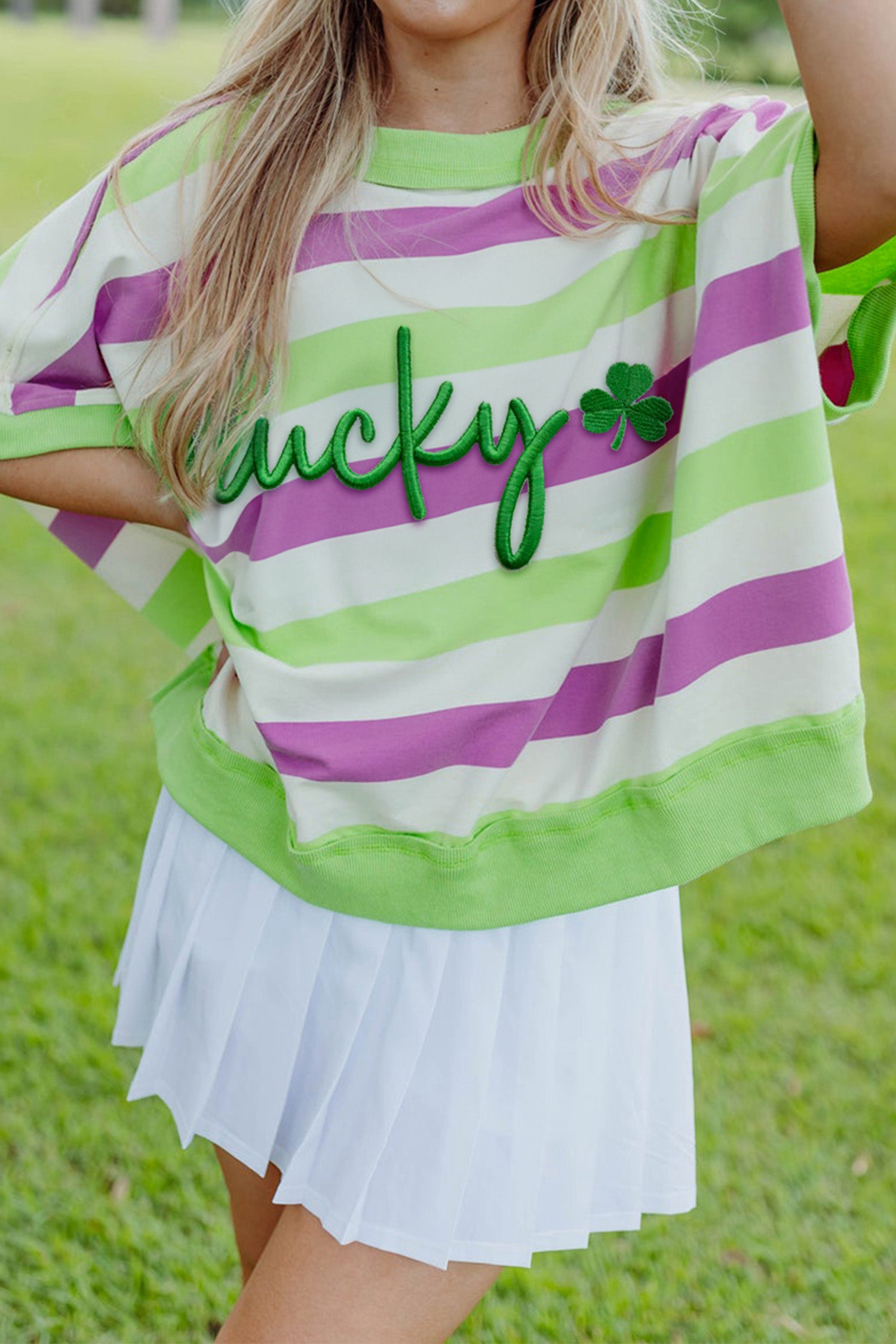 Green Stripe Lucky Clover Embroidered Graphic Dolman Loose Tee-Tops/Tops & Tees-[Adult]-[Female]-Green Stripe-S-2022 Online Blue Zone Planet