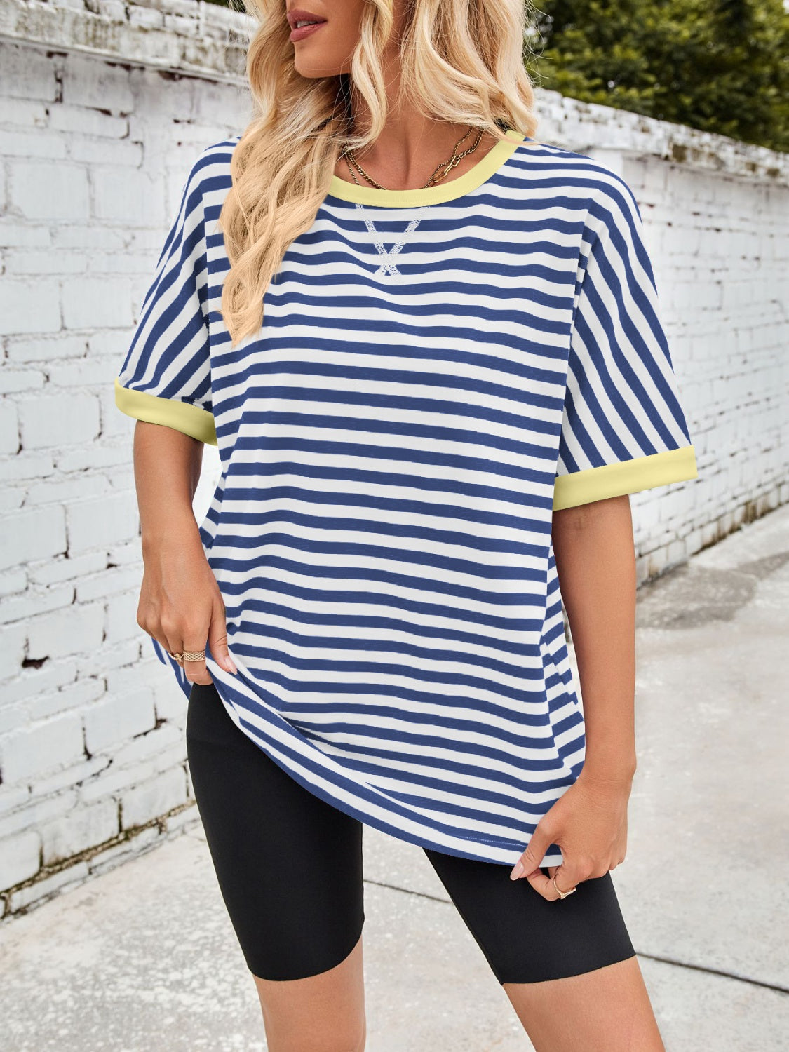 Lovelet Striped Round Neck Half Sleeve T-Shirt-TOPS / DRESSES-[Adult]-[Female]-Royal Blue-S-2022 Online Blue Zone Planet