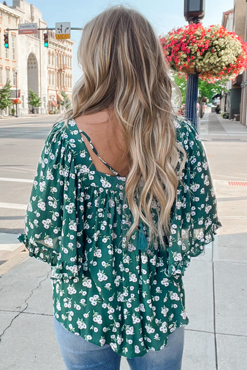 Green Floral Print Square Neck Ruffled Trim Plus Size Blouse-Plus Size/Plus Size Tops/Plus Size Blouses & Shirts-[Adult]-[Female]-2022 Online Blue Zone Planet