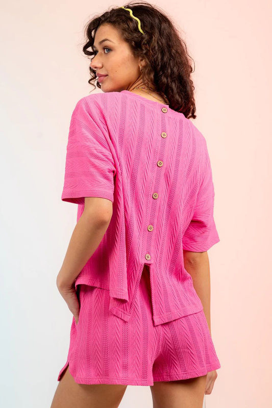 Textured Round Neck Top and Shorts Set-TOPS / DRESSES-[Adult]-[Female]-Hot Pink-S-2022 Online Blue Zone Planet