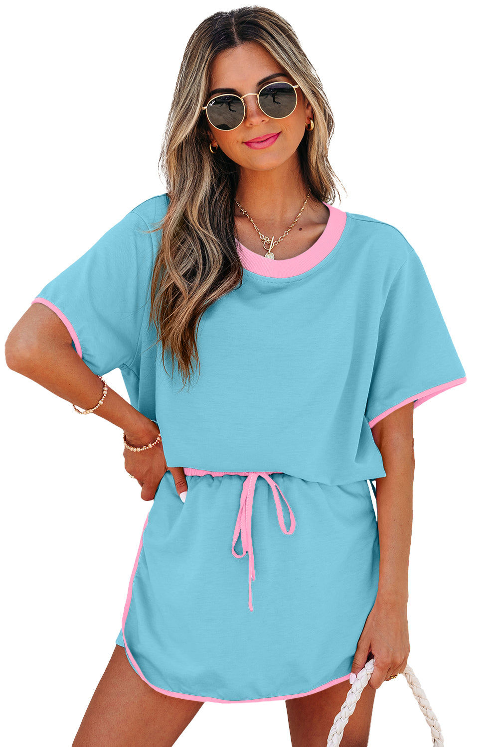 Turquoise Colorblock Edge Drop Shoulder T Shirt and Skirt 2Pcs Set-Two Piece Sets/Two Piece Dresses-[Adult]-[Female]-2022 Online Blue Zone Planet