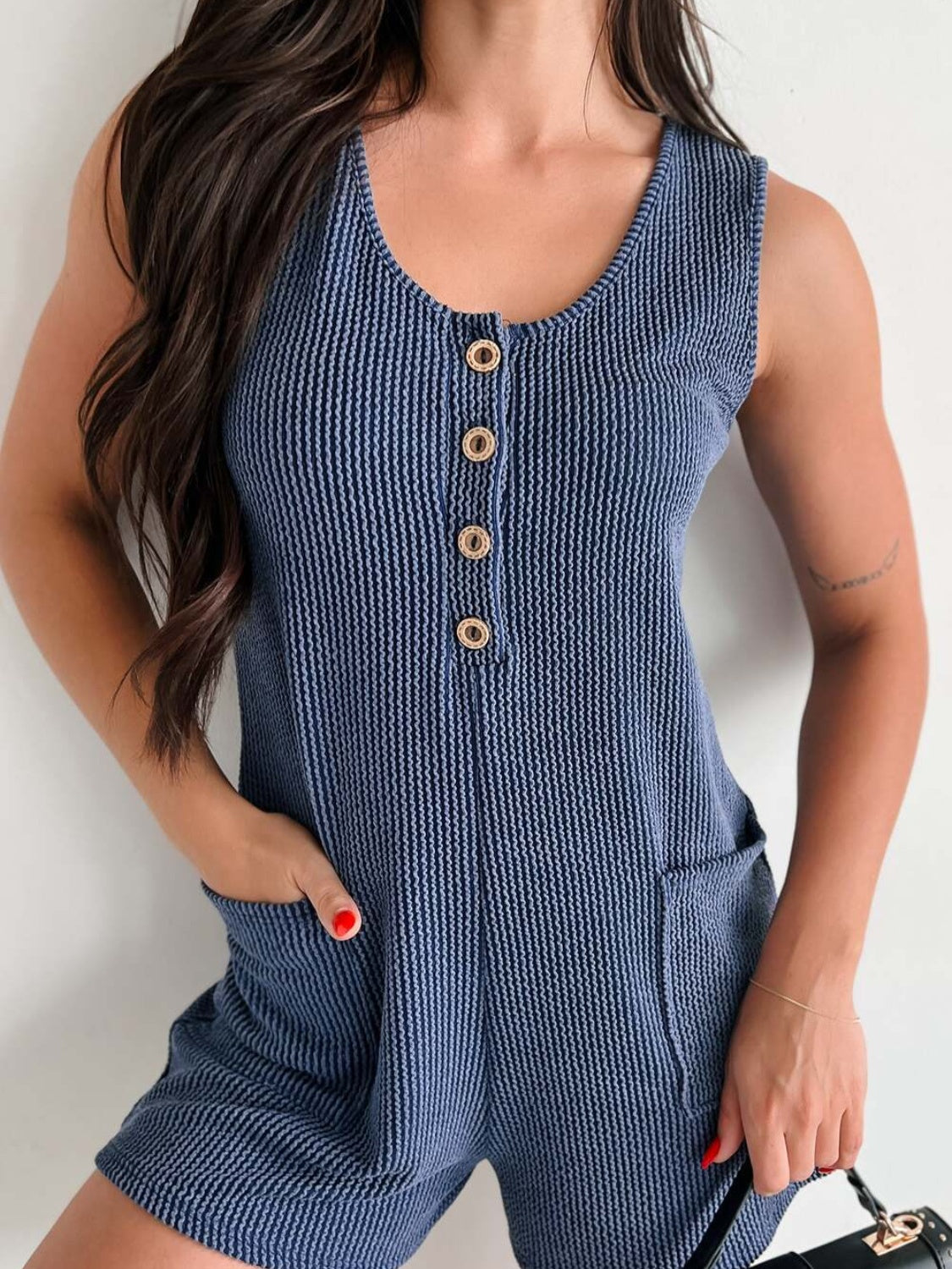 Lovelet Texture Wide Strap Romper with Pockets-TOPS / DRESSES-[Adult]-[Female]-2022 Online Blue Zone Planet