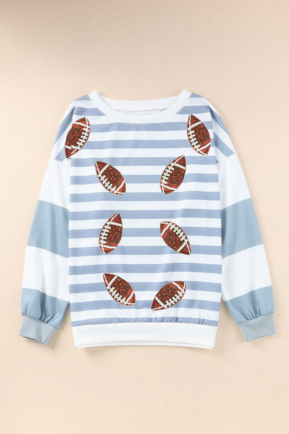 Blue Zone Planet | Football Striped Round Neck Long Sleeve Sweatshirt-TOPS / DRESSES-[Adult]-[Female]-2022 Online Blue Zone Planet