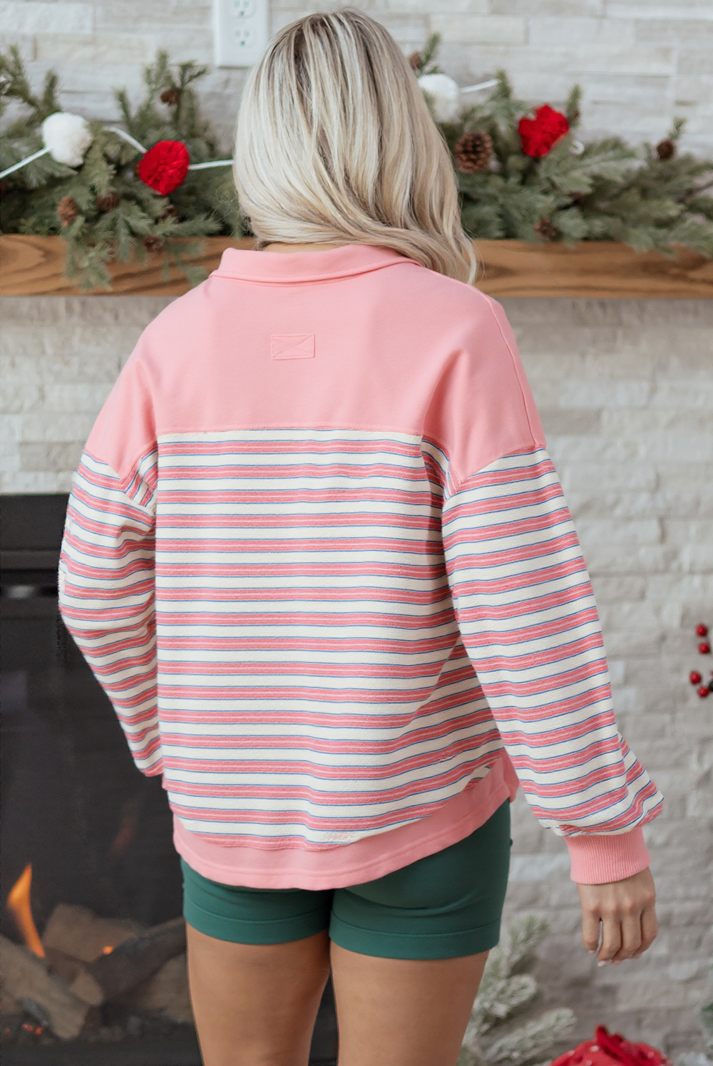 Blue Zone Planet | Pink Stripe Buttoned V Neck Collared Drop Shoulder Top-Tops/Long Sleeve Tops-[Adult]-[Female]-2022 Online Blue Zone Planet