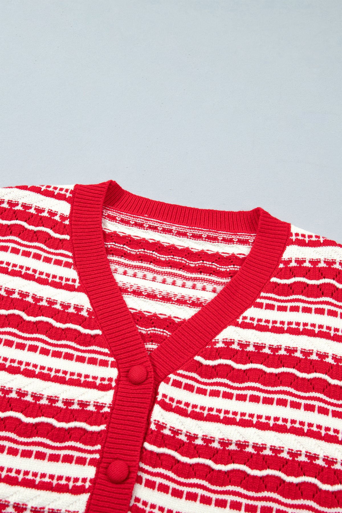 Red Geometric Striped Pattern V Neck Button Front Casual Knit Cardigan-Sweaters & Cardigans/Cardigans-[Adult]-[Female]-2022 Online Blue Zone Planet