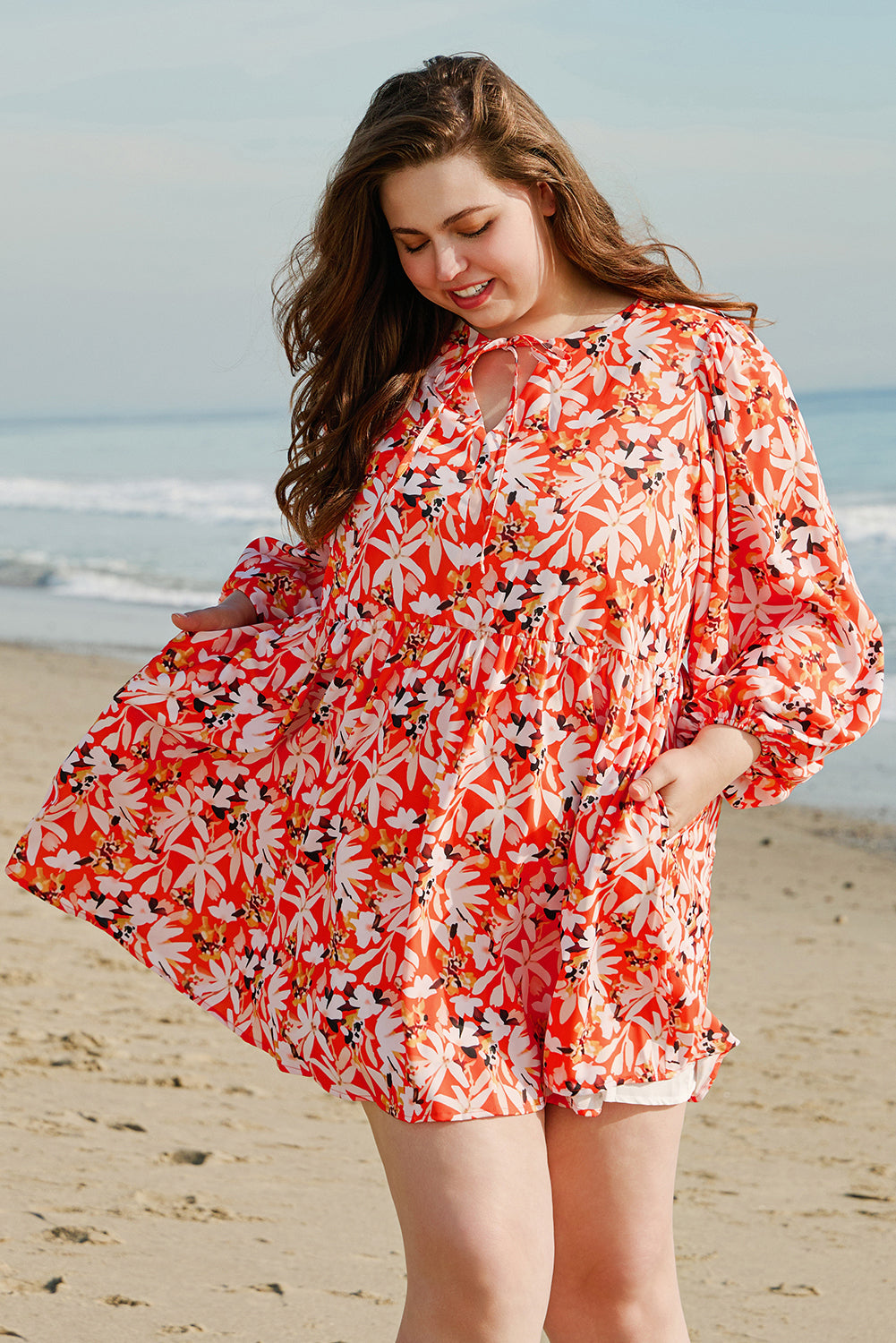 Blue Zone Planet | Orange Floral Print Split V Neck Bubble Sleeve Plus Size Midi Dress-TOPS / DRESSES-[Adult]-[Female]-2022 Online Blue Zone Planet