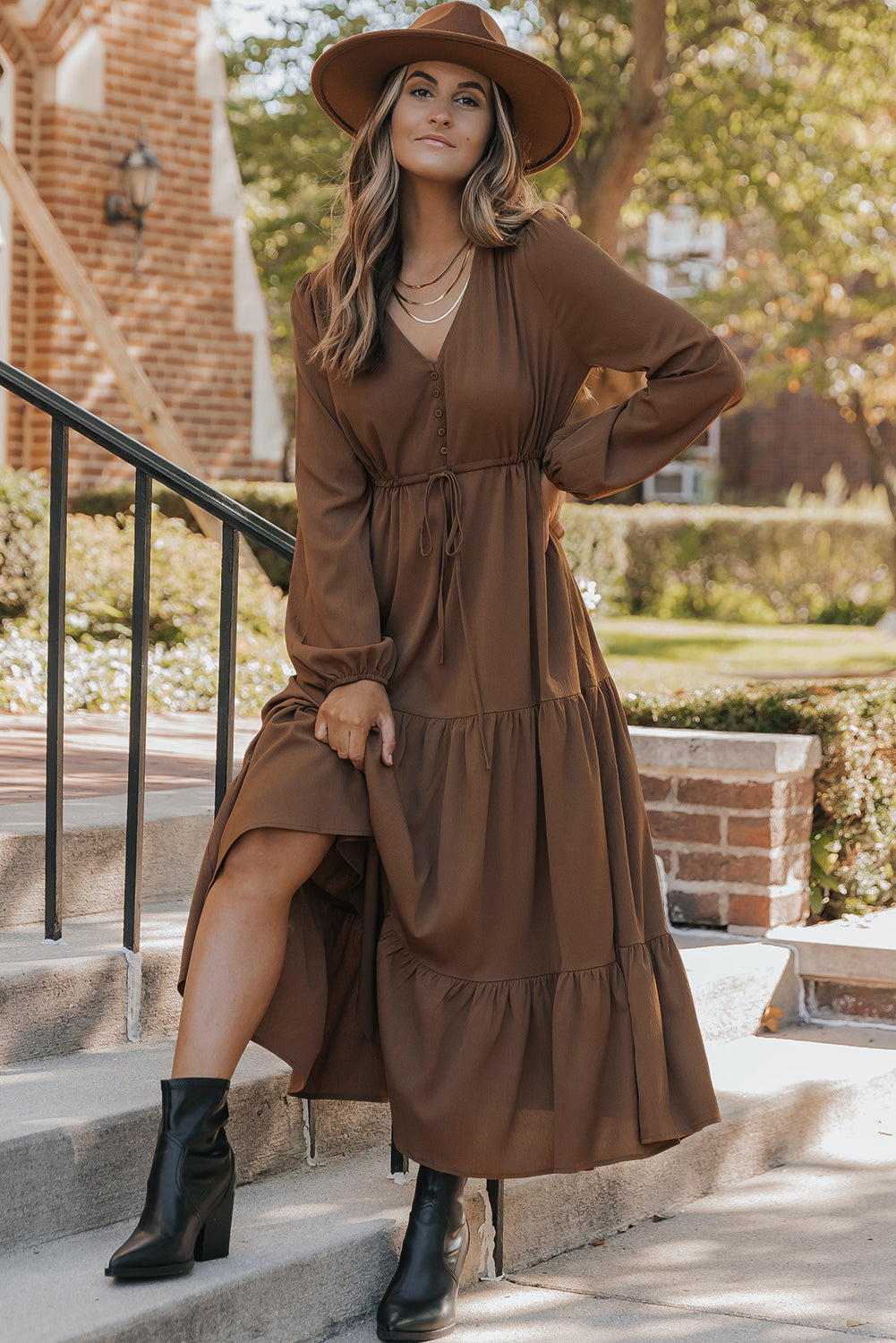 Chestnut Solid Long Sleeve Button V Neck Tiered Maxi Dress-Dresses/Maxi Dresses-[Adult]-[Female]-2022 Online Blue Zone Planet