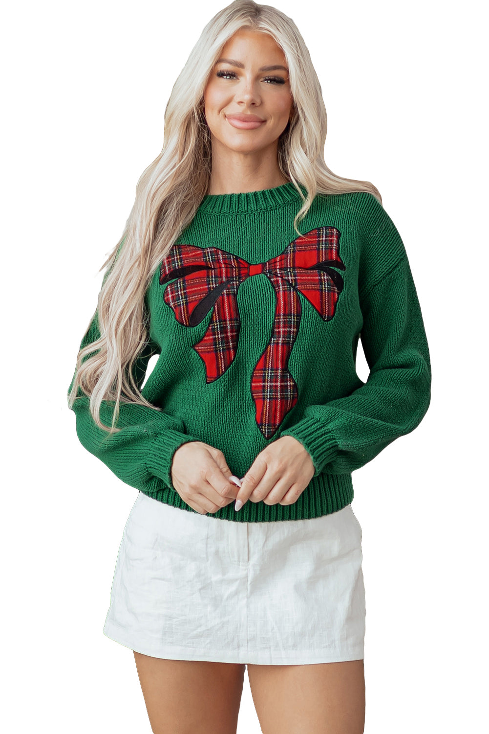 Evergreen Plaid Bow Graphic Christmas Sweater-TOPS / DRESSES-[Adult]-[Female]-2022 Online Blue Zone Planet