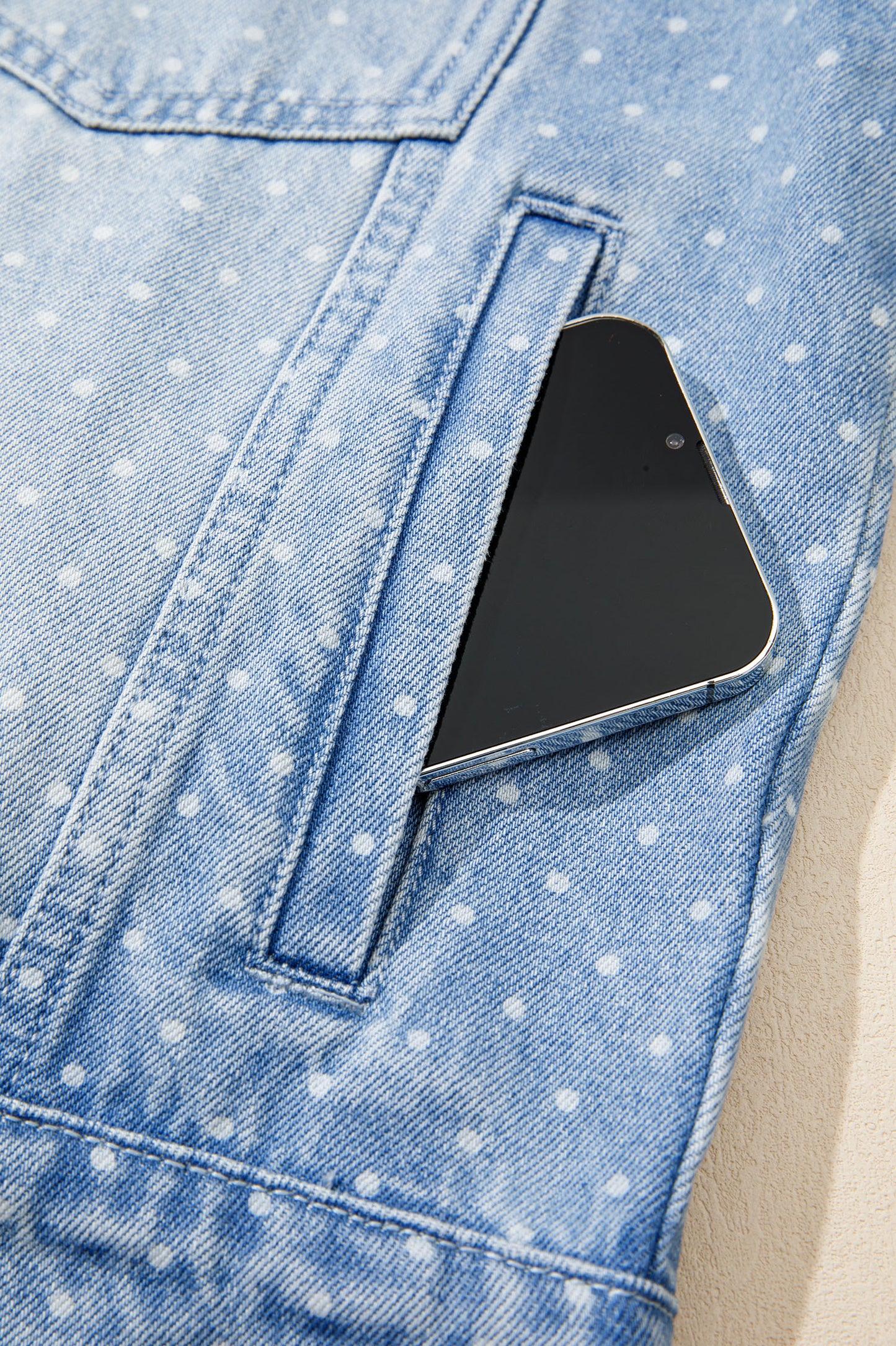 Sky Blue Polka Dot Long Sleeve Collar Pocket Casual Shift Silhouette Denim Jacket-Outerwear/Denim jackets-[Adult]-[Female]-2022 Online Blue Zone Planet
