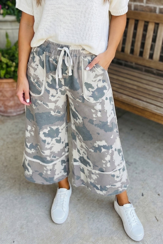 Brown Camouflage Print Contrast Lace-Up Raw Edge Pocketed Loose Pants-TOPS / DRESSES-[Adult]-[Female]-Brown-S-2022 Online Blue Zone Planet