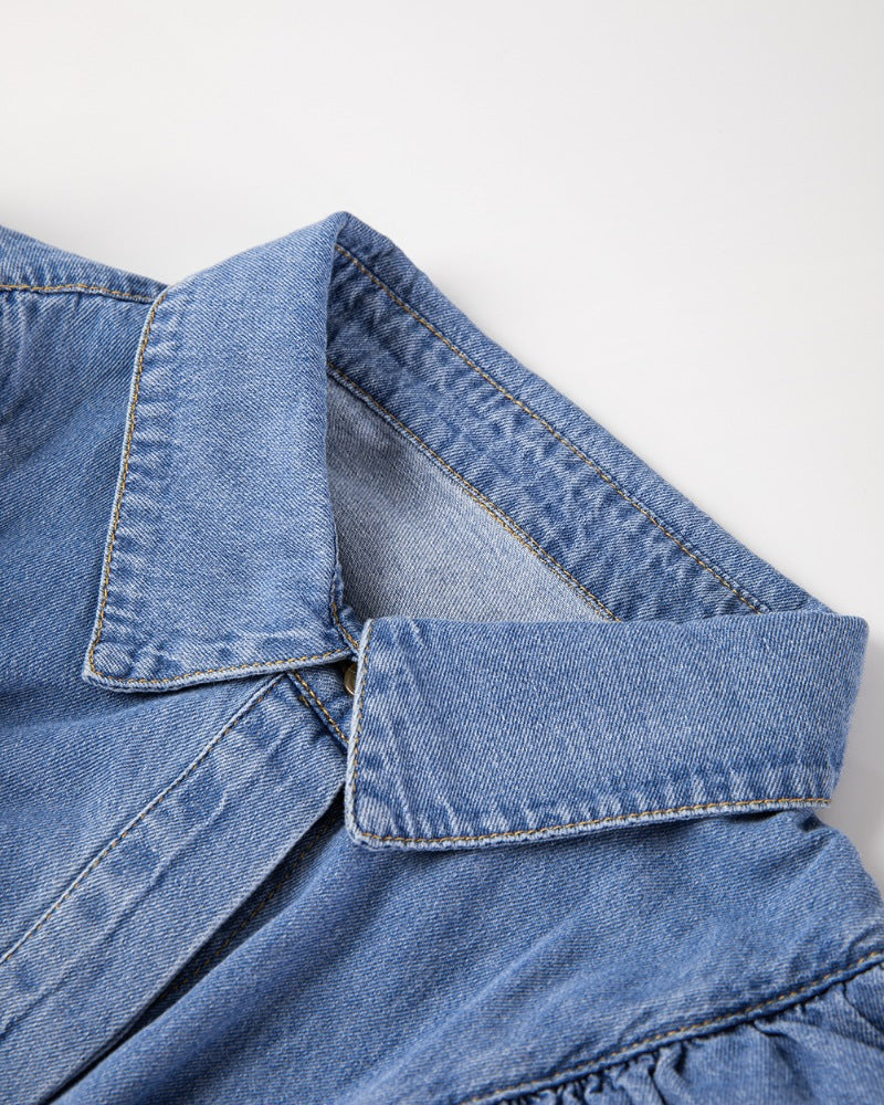 Ruffled Collared Neck Long Sleeve Denim Top-TOPS / DRESSES-[Adult]-[Female]-2022 Online Blue Zone Planet